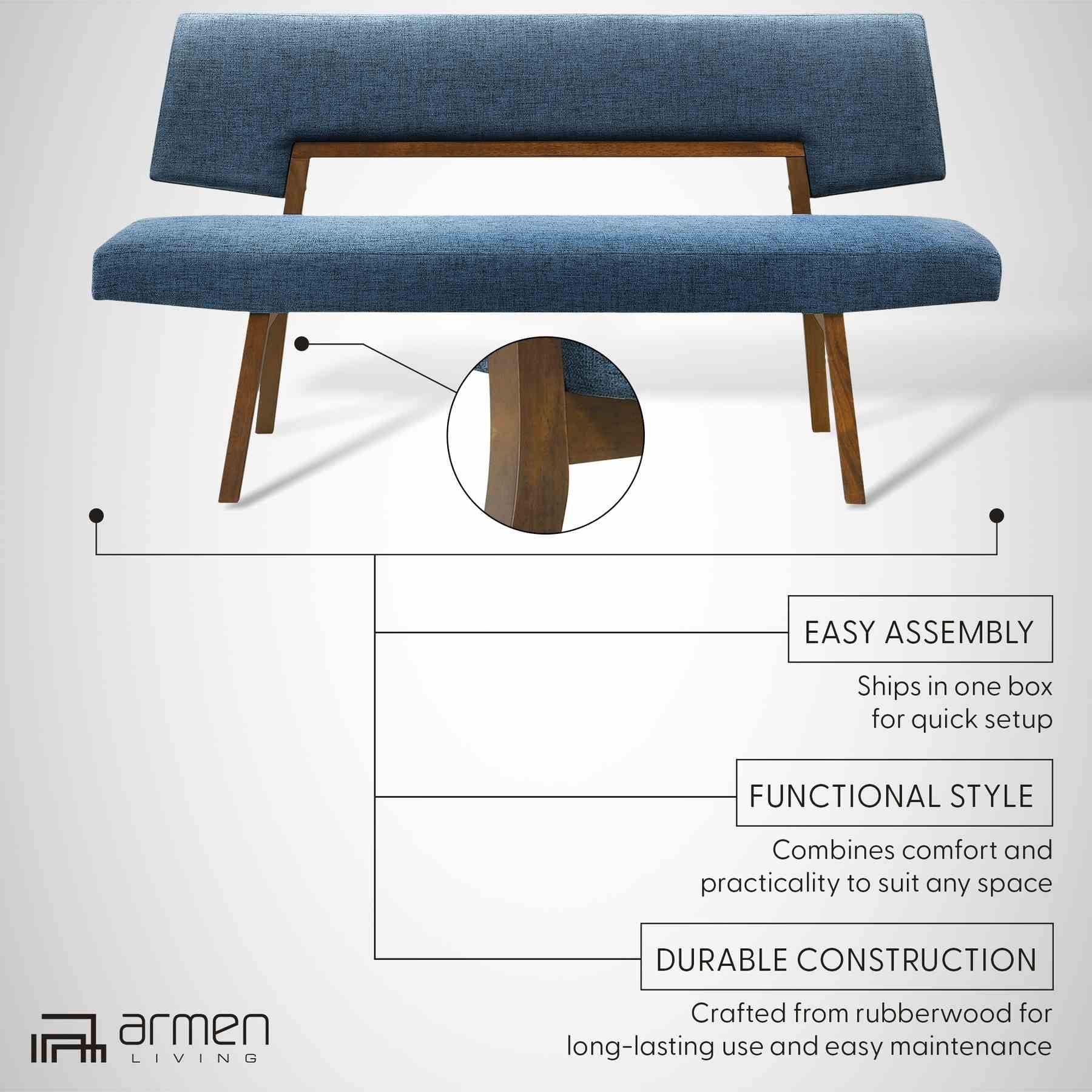 Channell Wood Dining Bench in Walnut Finish with Blue Fabric - Image 10