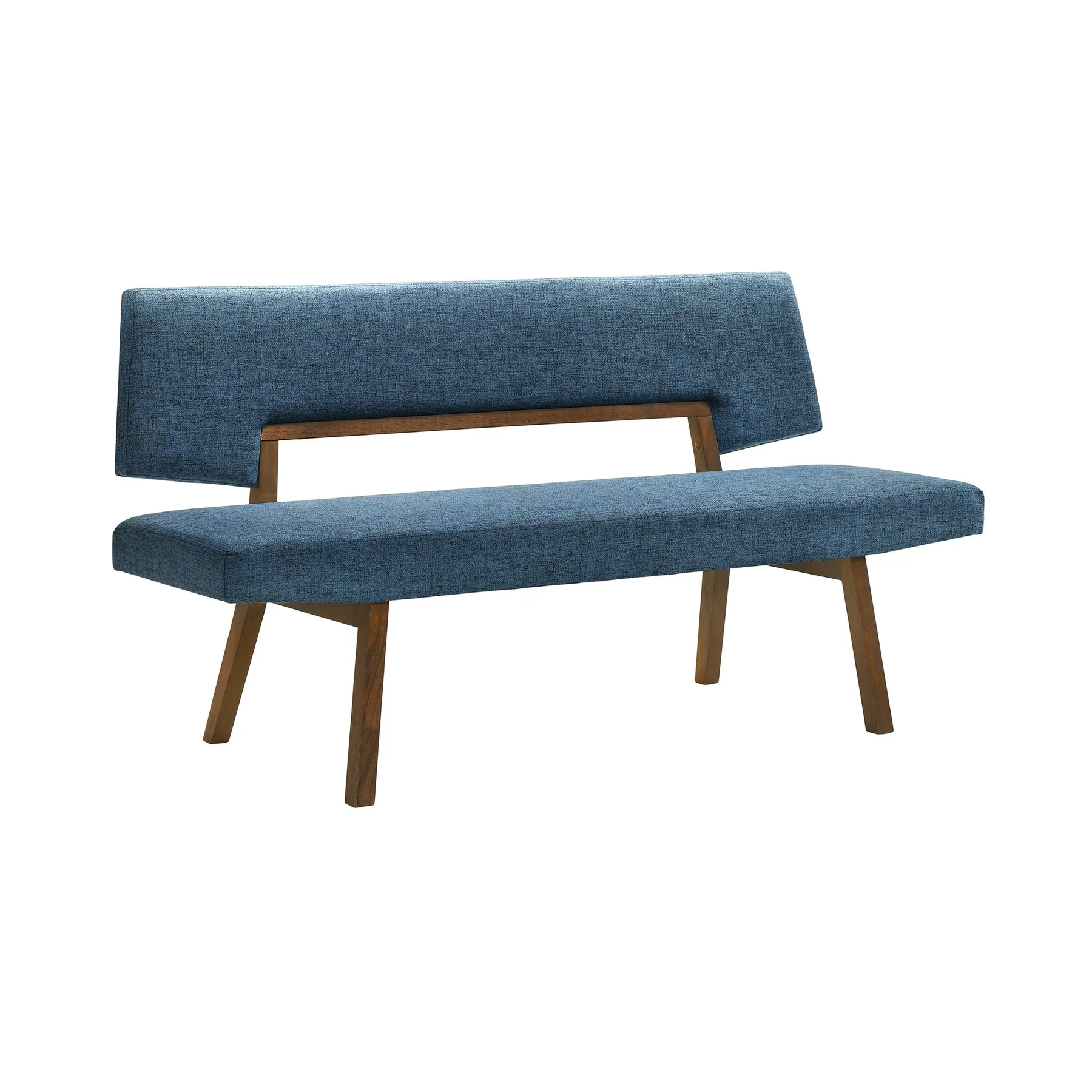 Channell Wood Dining Bench in Walnut Finish with Blue Fabric - Image 2