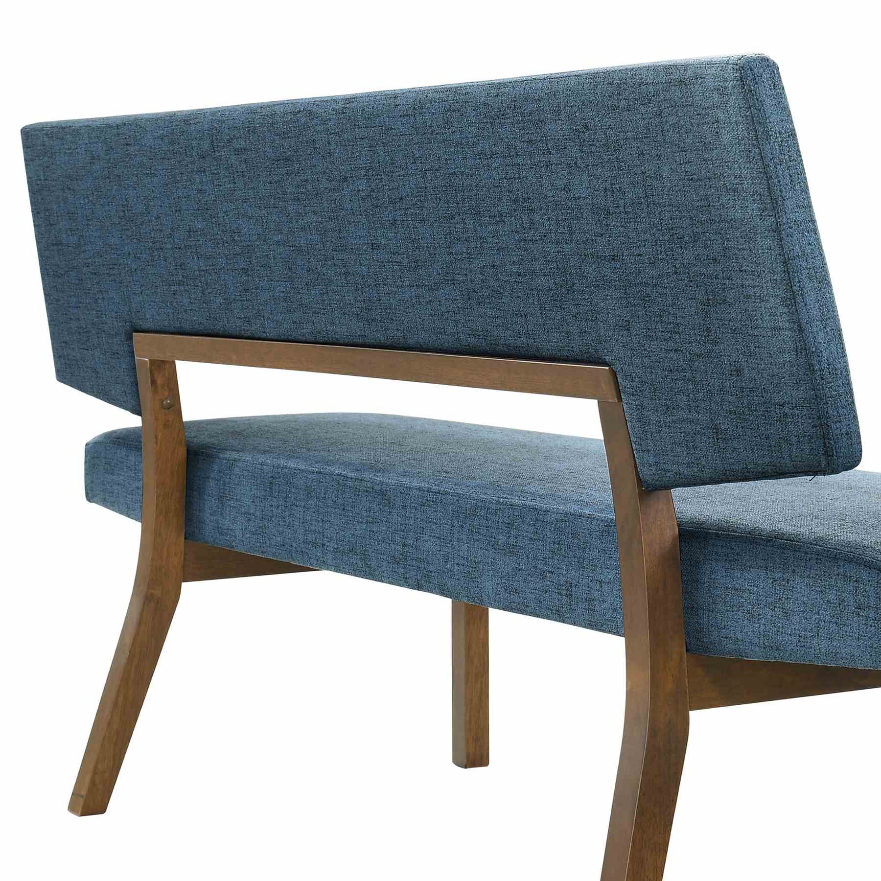 Channell Wood Dining Bench in Walnut Finish with Blue Fabric - Image 4