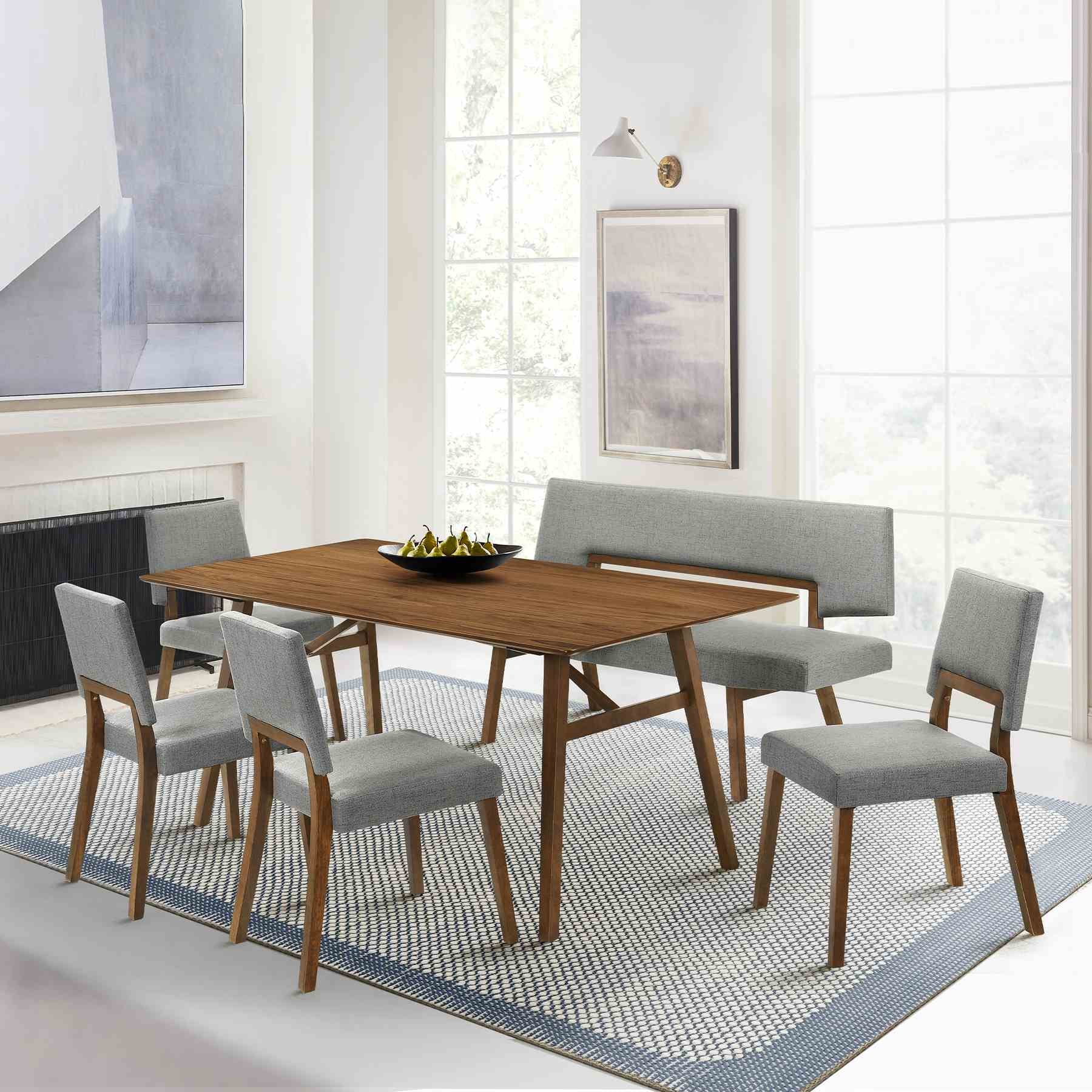 Channell Wood Dining Bench in Walnut Finish with Charcoal Fabric - Image 8