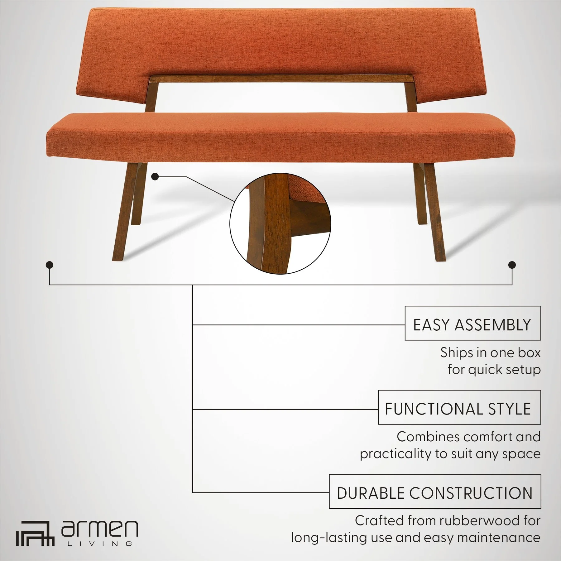 Channell Wood Dining Bench in Walnut Finish with Orange Fabric - Image 10