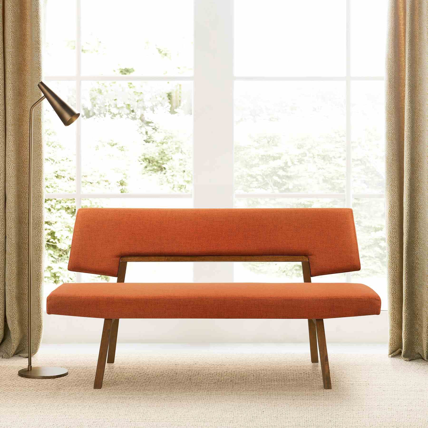 Channell Wood Dining Bench in Walnut Finish with Orange Fabric - Image 7