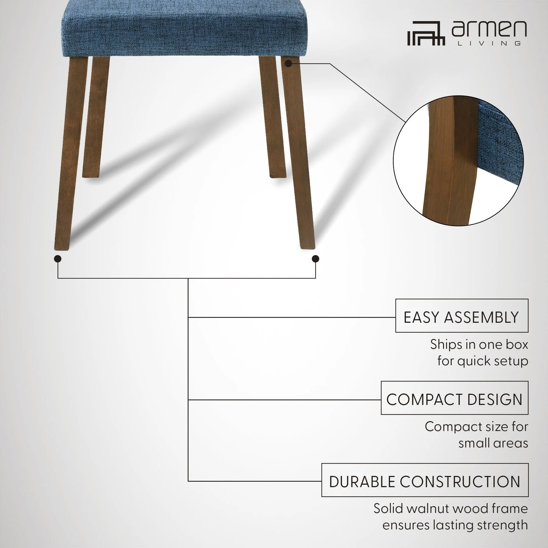 Channell Wood Dining Chair in Walnut Finish with Blue Fabric - Set of 2 - Image 11