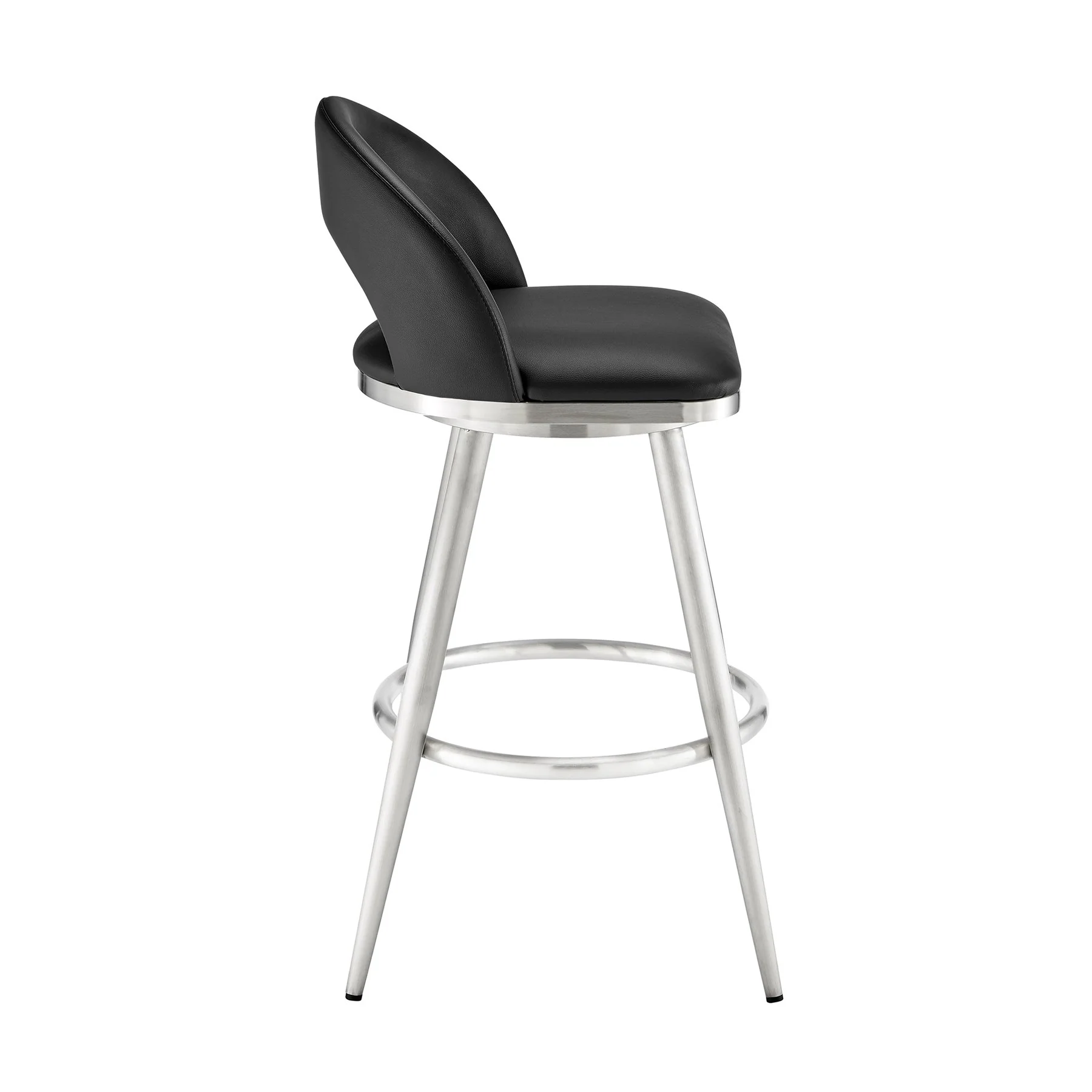Charlotte 26" Swivel Counter Stool in Brushed Stainless Steel and Black Faux Leather - Image 3
