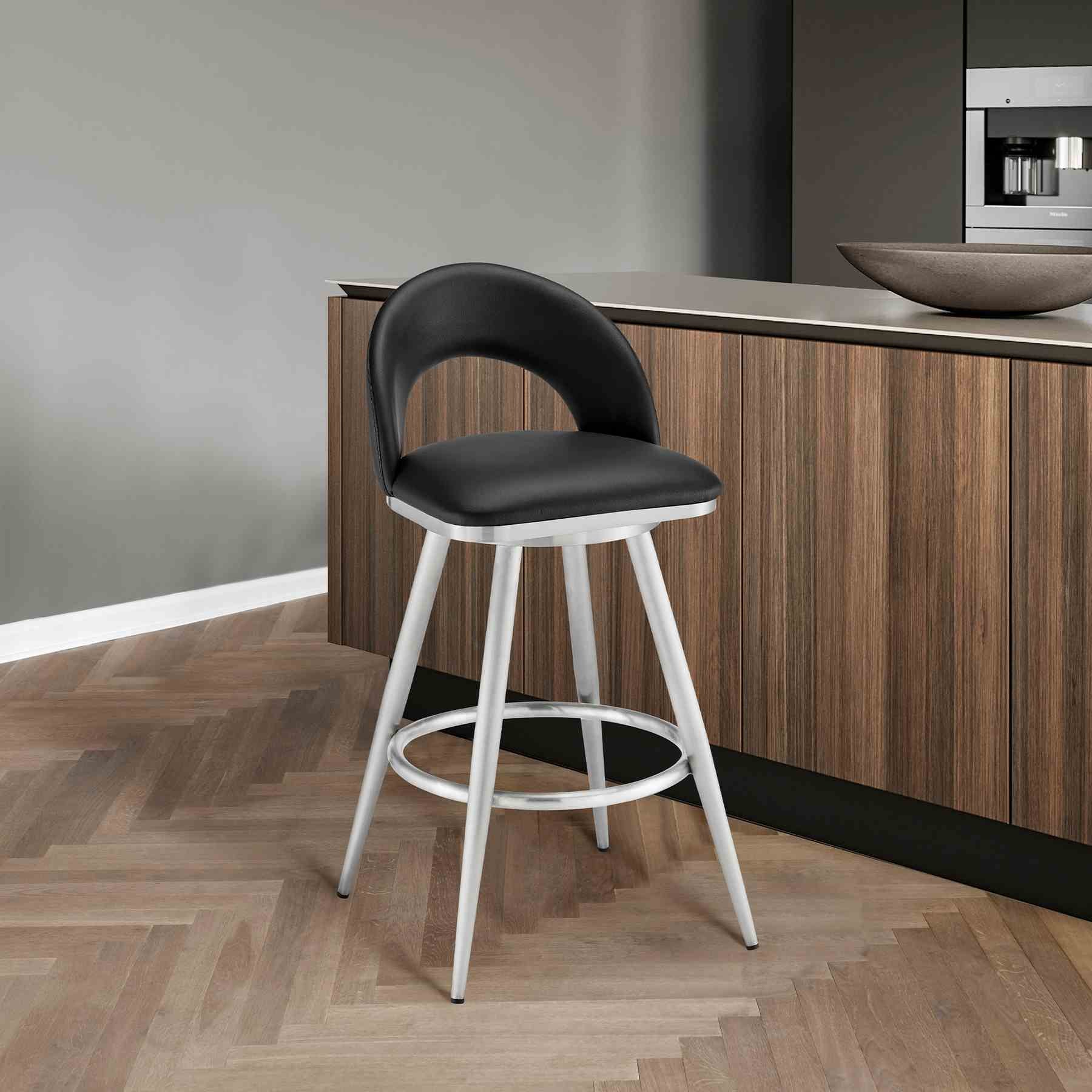 Charlotte 26" Swivel Counter Stool in Brushed Stainless Steel and Black Faux Leather - Image 9