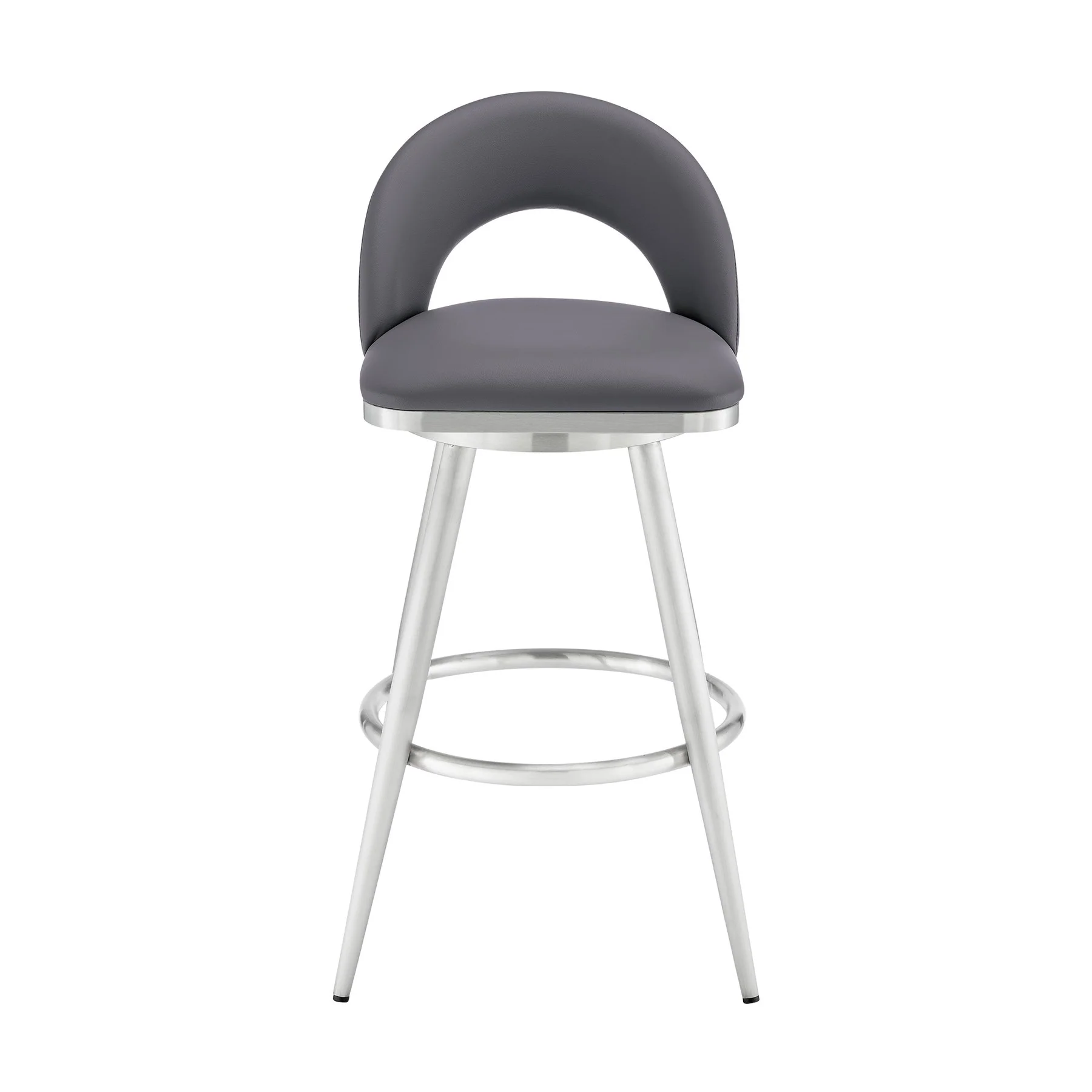 Charlotte 26" Swivel Counter Stool in Brushed Stainless Steel and Gray Faux Leather - Image 2
