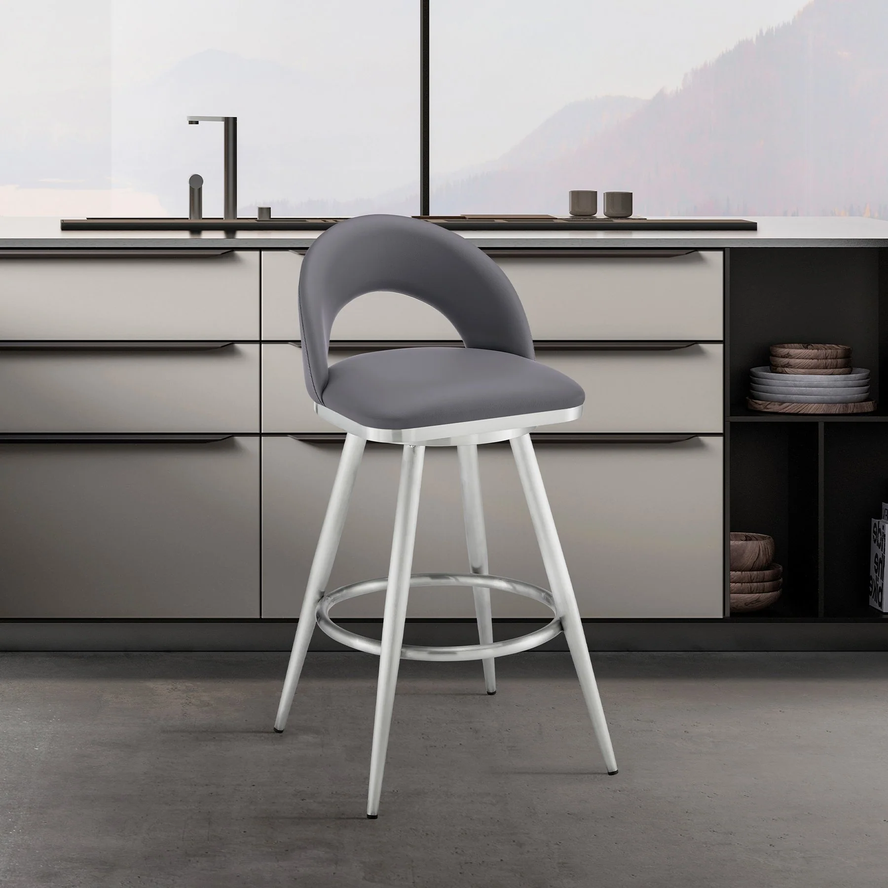 Charlotte 26" Swivel Counter Stool in Brushed Stainless Steel and Gray Faux Leather - Image 9