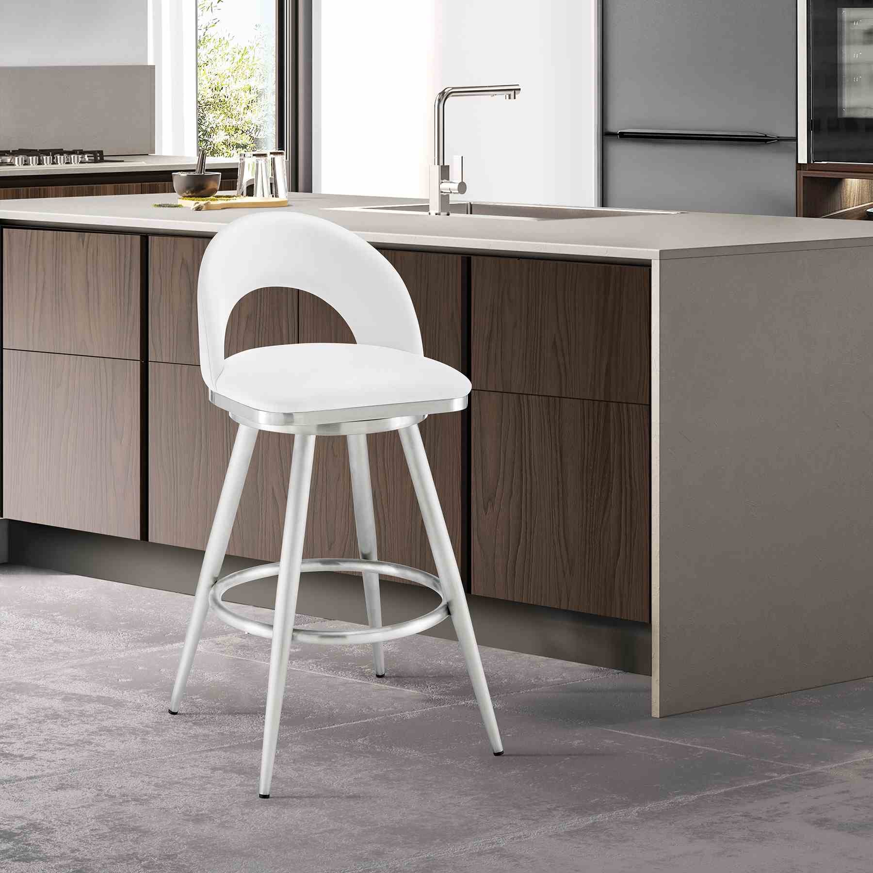 Charlotte 26" Swivel Counter Stool in Brushed Stainless Steel with White Faux Leather - Image 9