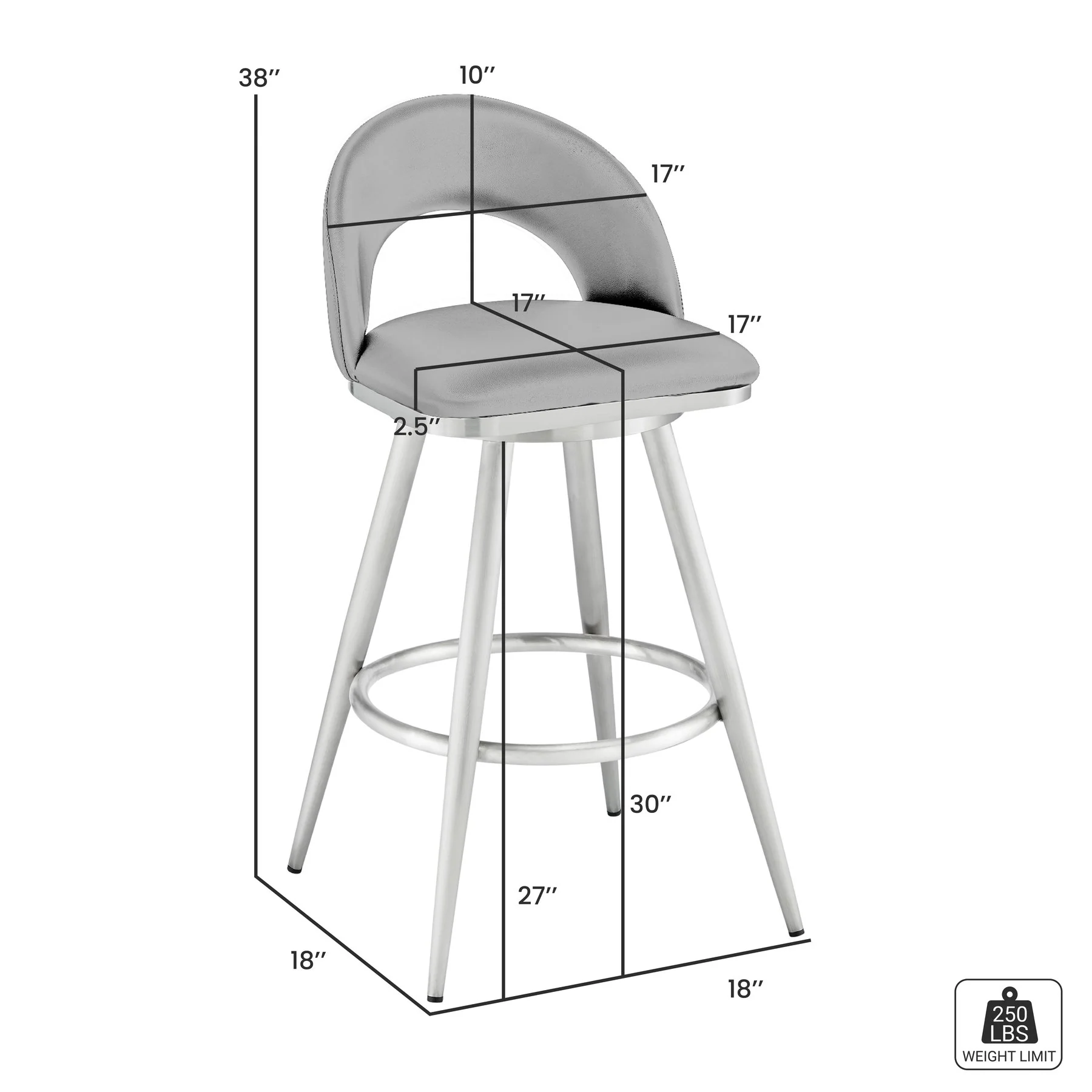 Charlotte 30" Swivel Bar Stool in Brushed Stainless Steel with Gray Faux Leather - Image 8