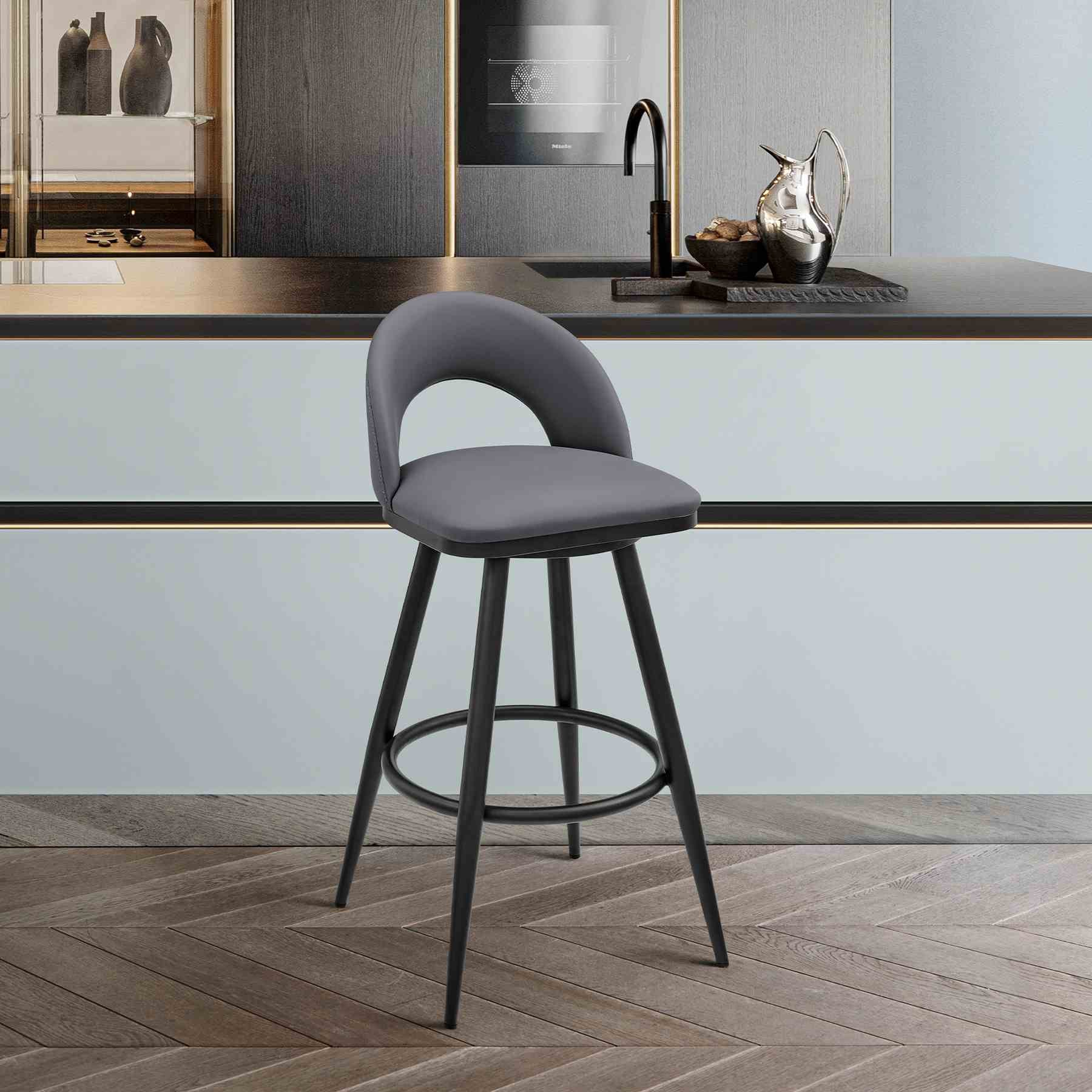 Charlotte Swivel Bar Stool in Black Metal with Gray Faux Leather - Image 11