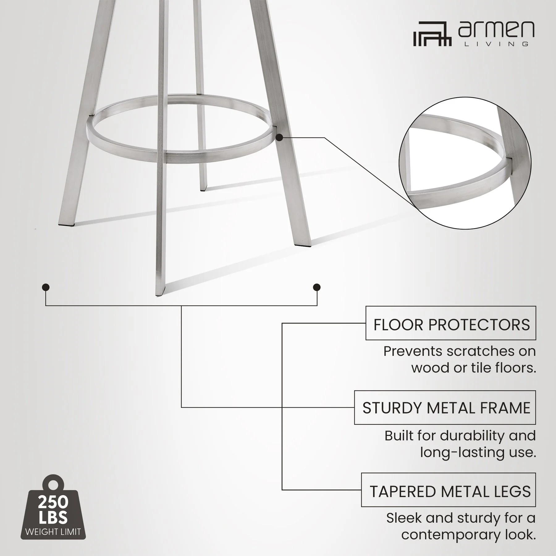 Chelsea 25" Swivel Counter Stool with Brushed Stainless Steel and Black Faux Leather - Image 10