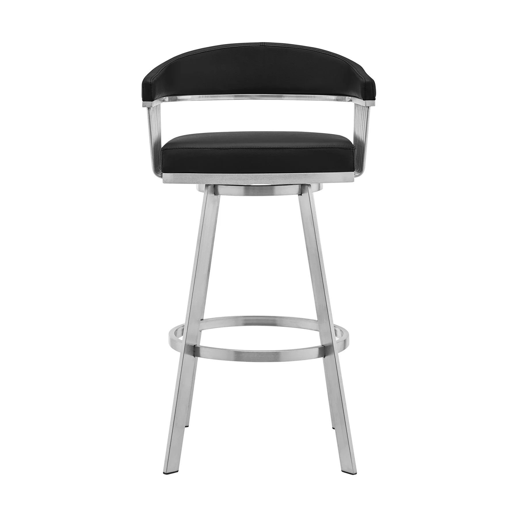 Chelsea 25" Swivel Counter Stool with Brushed Stainless Steel and Black Faux Leather - Image 2
