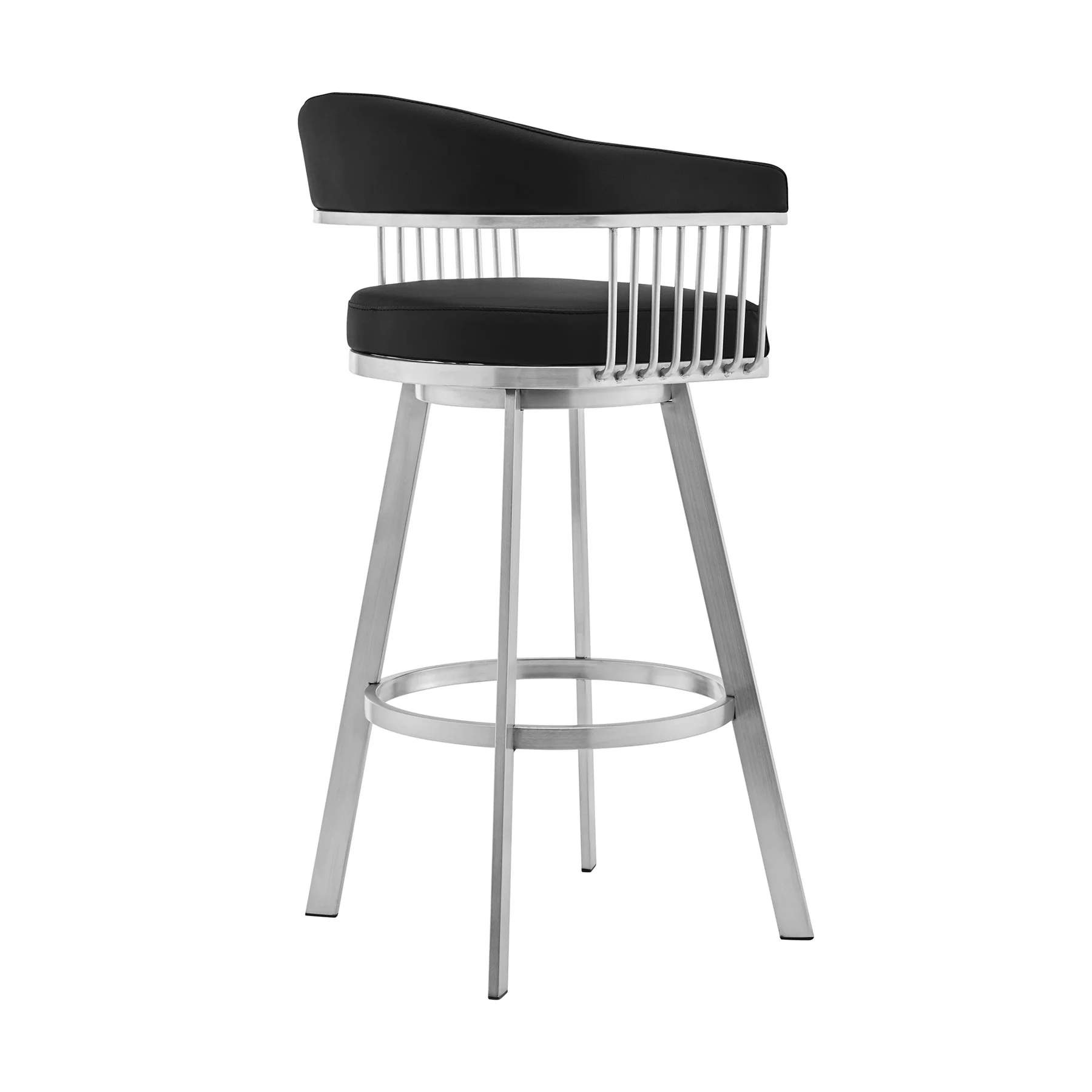 Chelsea 25" Swivel Counter Stool with Brushed Stainless Steel and Black Faux Leather - Image 3
