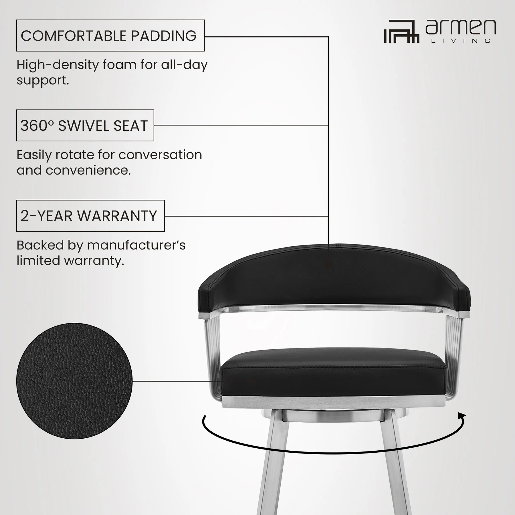 Chelsea 25" Swivel Counter Stool with Brushed Stainless Steel and Black Faux Leather - Image 9