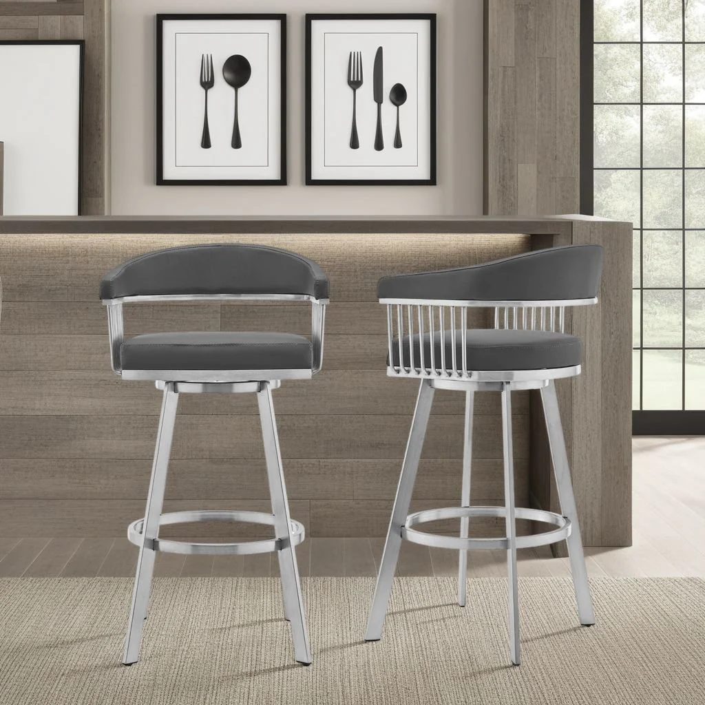 Chelsea 25" Swivel Counter Stool with Brushed Stainless Steel and Gray Faux Leather - Image 8