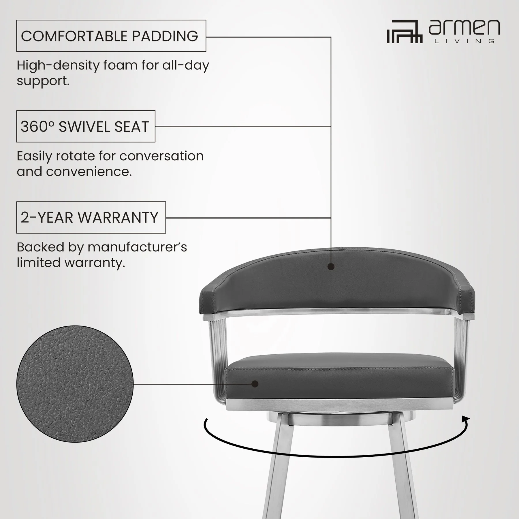 Chelsea 25" Swivel Counter Stool with Brushed Stainless Steel and Gray Faux Leather - Image 9