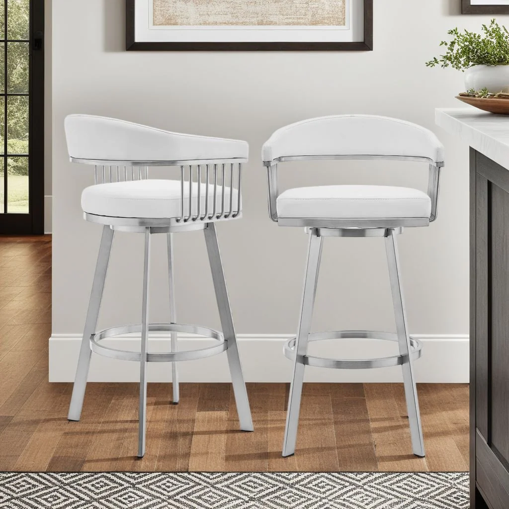Chelsea 25" Swivel Counter Stool with Brushed Stainless Steel and White Faux Leather - Image 8
