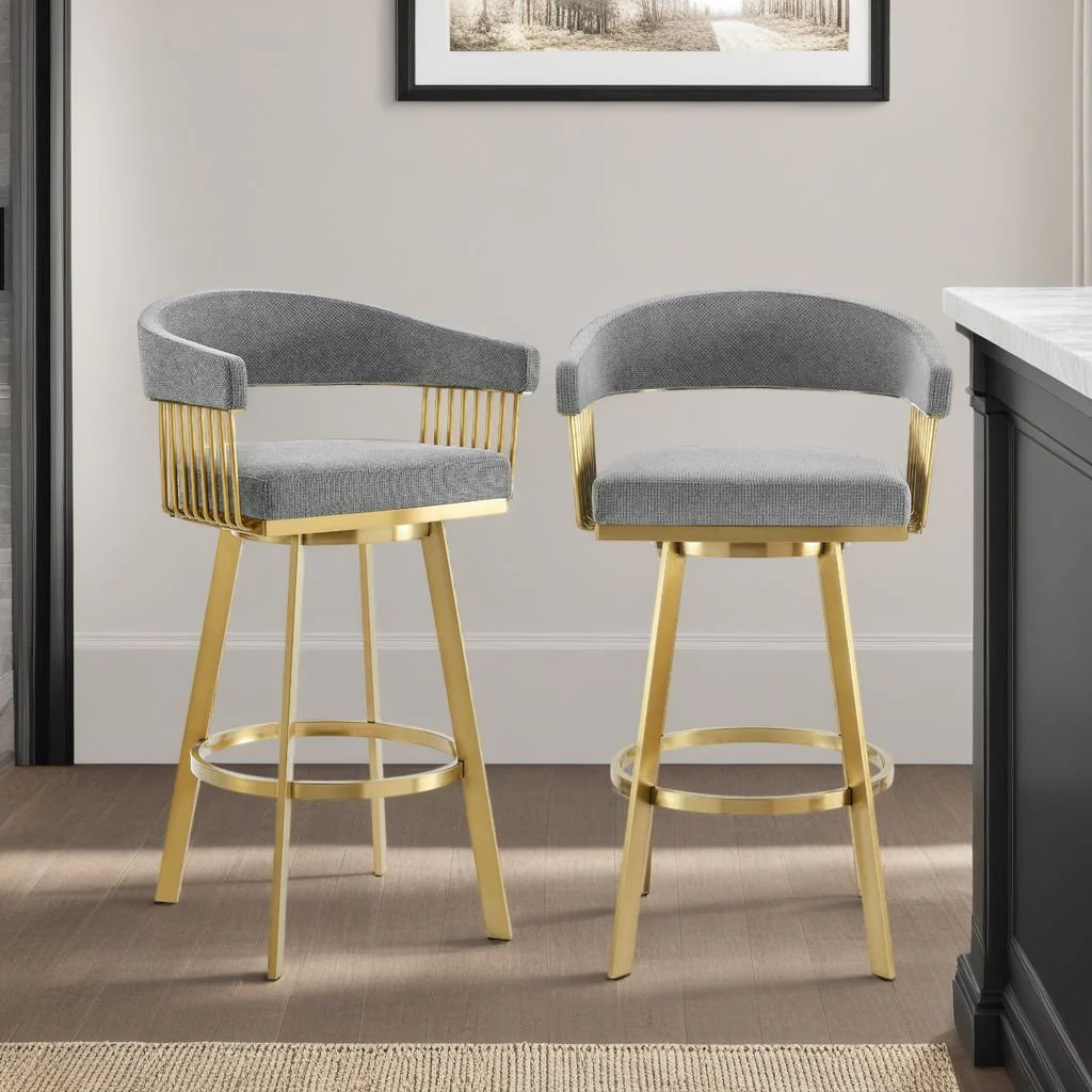 Chelsea 26" Swivel Counter Stool with Gold Brushed Stainless Steel and Anchor Gray Fabric - Image 10