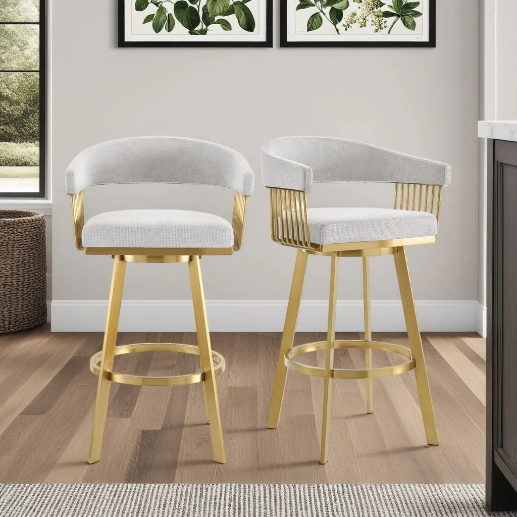 Chelsea 26" Swivel Counter Stool with Gold Brushed Stainless Steel and Silver Fabric - Image 10