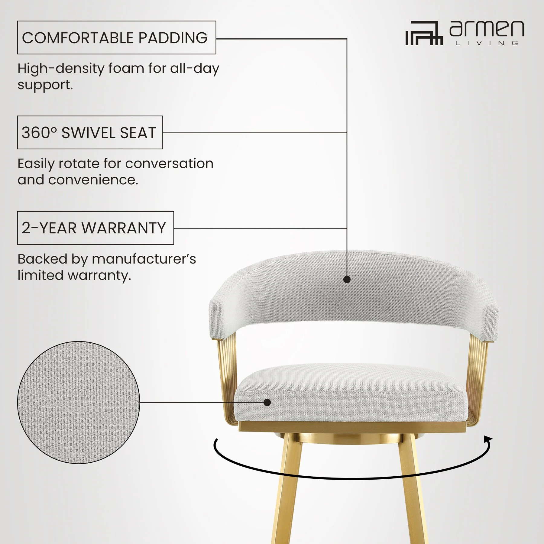 Chelsea 26" Swivel Counter Stool with Gold Brushed Stainless Steel and Silver Fabric - Image 11