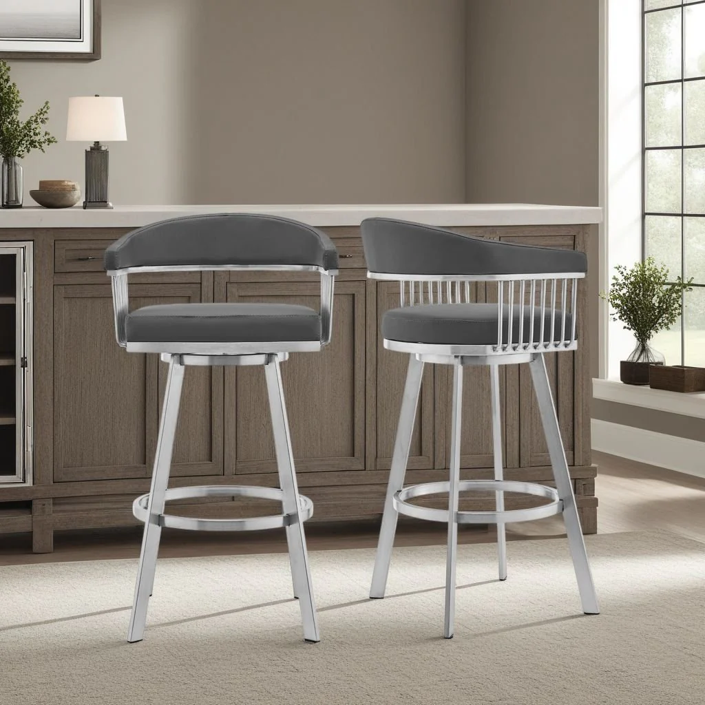 Chelsea 29" Gray Faux Leather and Brushed Stainless Steel Swivel Bar Stool - Image 8