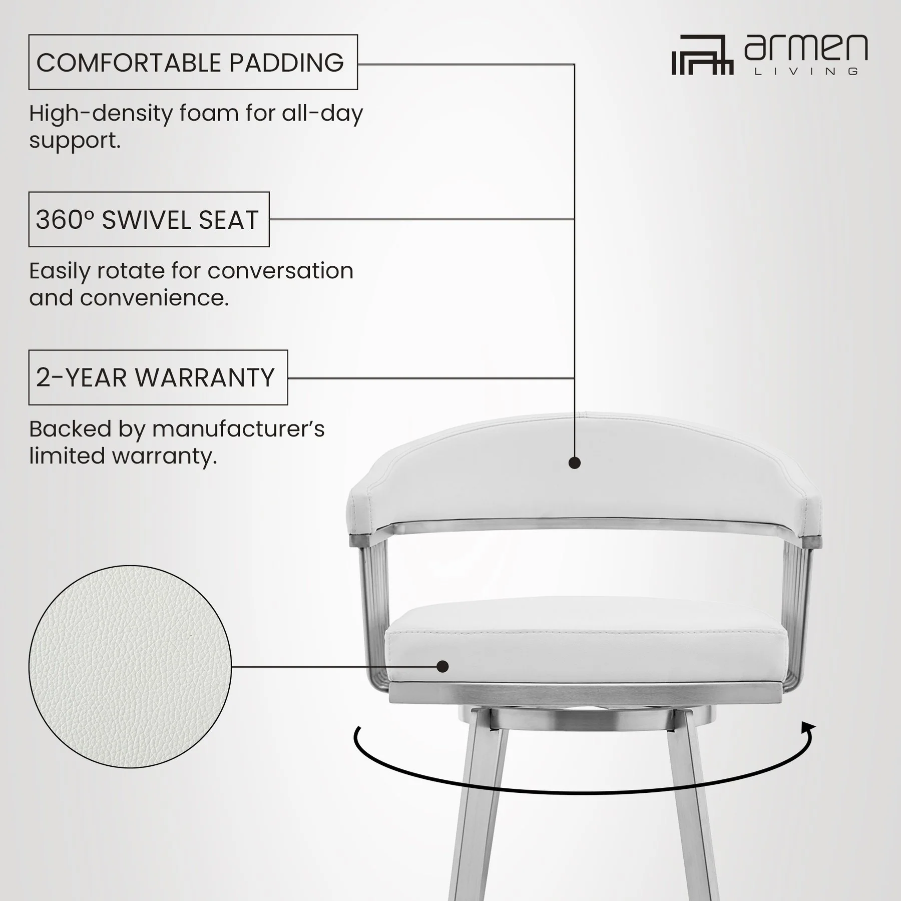 Chelsea 29" Swivel Bar Stool with Brushed Stainless Steel and White Faux Leather - Image 9
