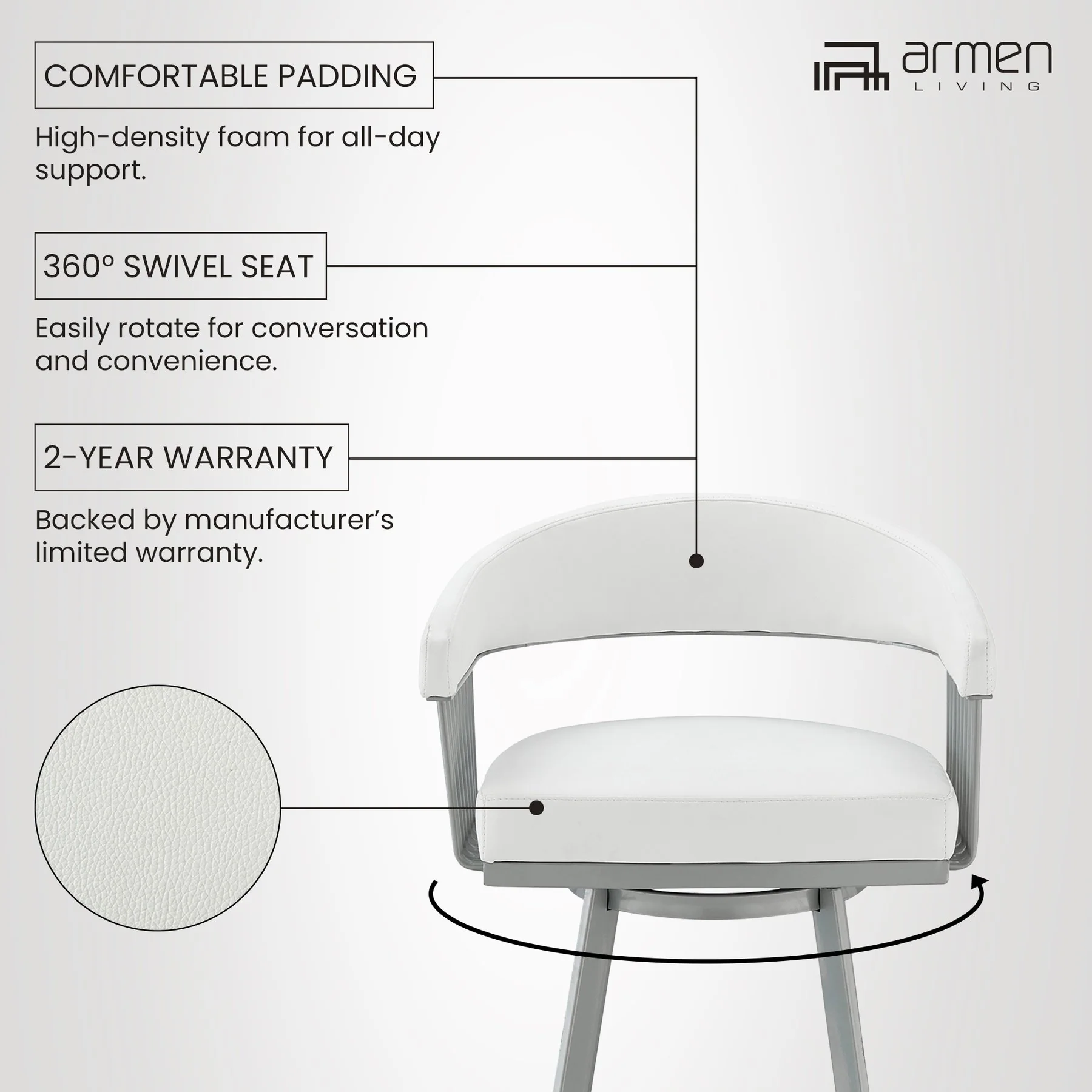 Chelsea 29" Swivel Bar Stool with Silver Metal Finish and White Faux Leather - Image 11