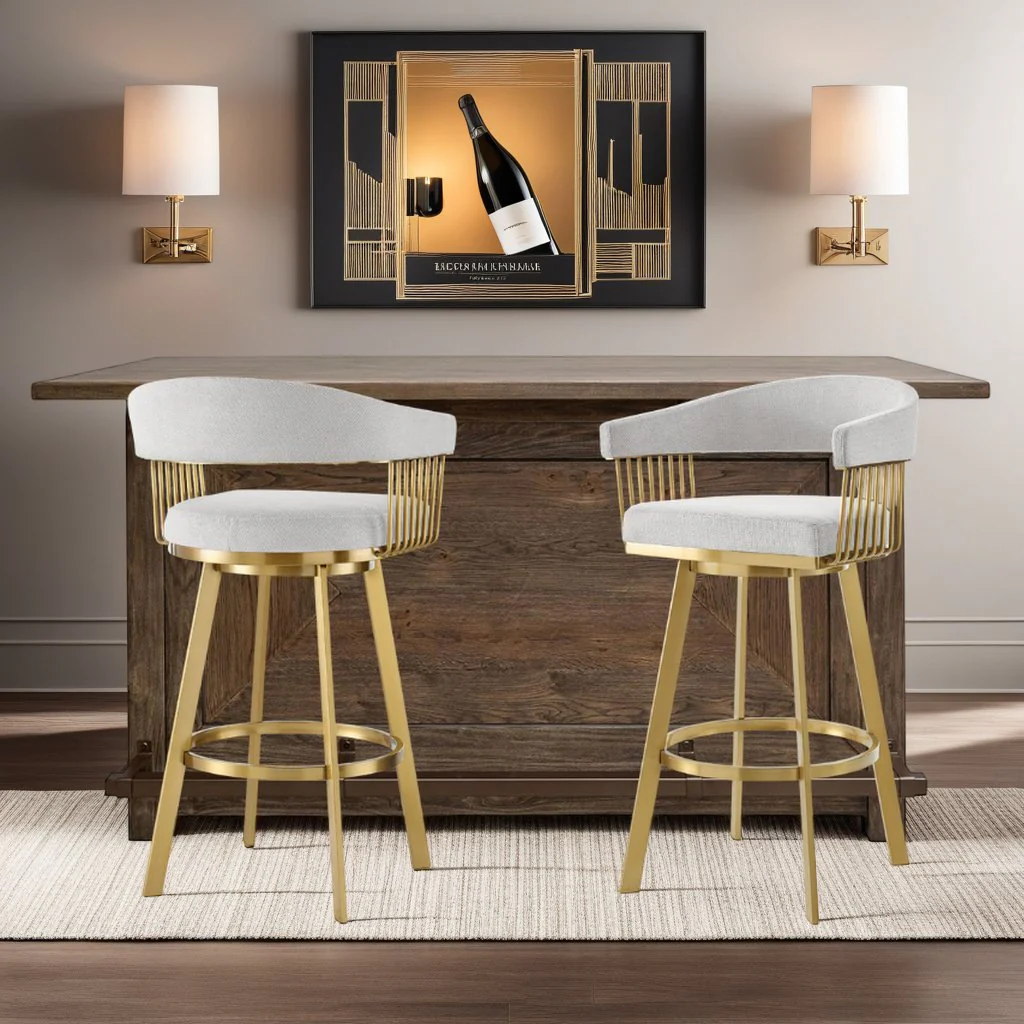 Chelsea 30" Swivel Bar Stool with Gold Brushed Stainless Steel and Silver Fabric - Image 10