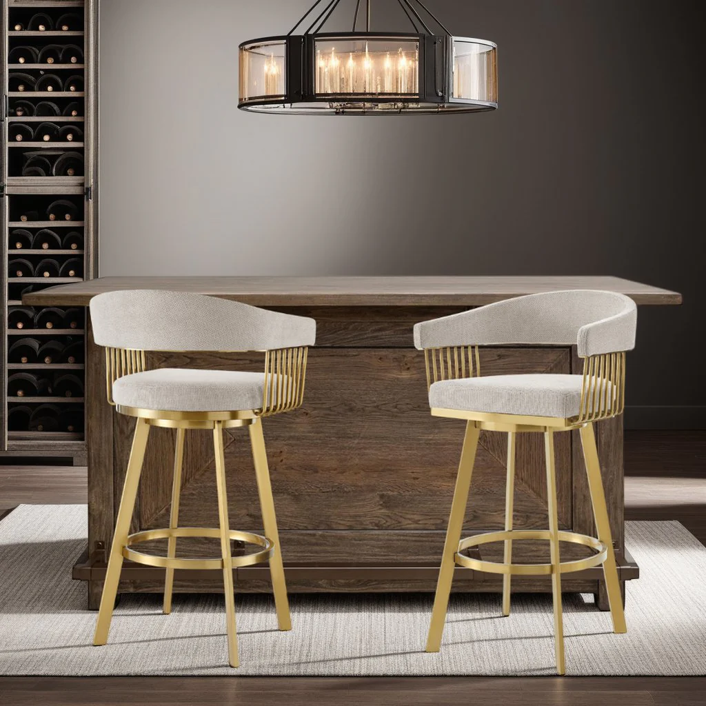 Chelsea 30" Swivel Bar Stool with Gold Brushed Stainless Steel and Taupe Fabric - Image 10