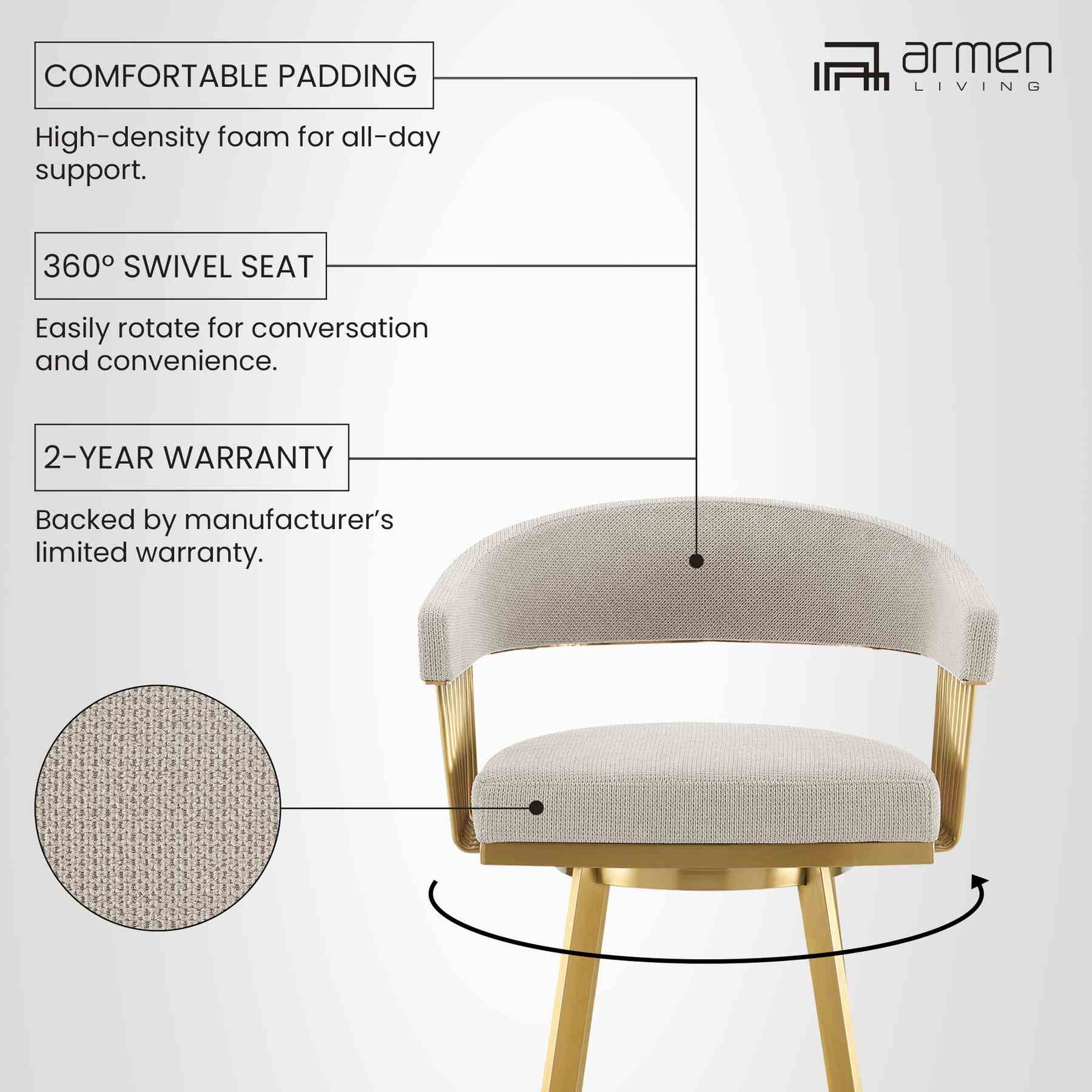 Chelsea 30" Swivel Bar Stool with Gold Brushed Stainless Steel and Taupe Fabric - Image 11
