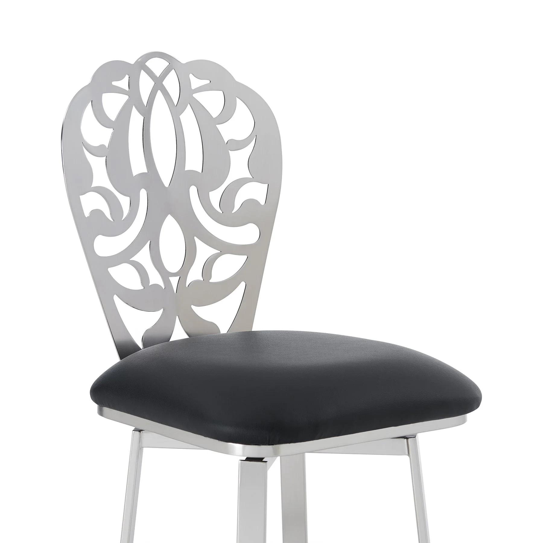 Cherie Contemporary 26" Counter Height Barstool in Brushed Stainless Steel Finish and Black Faux Leather - Image 4