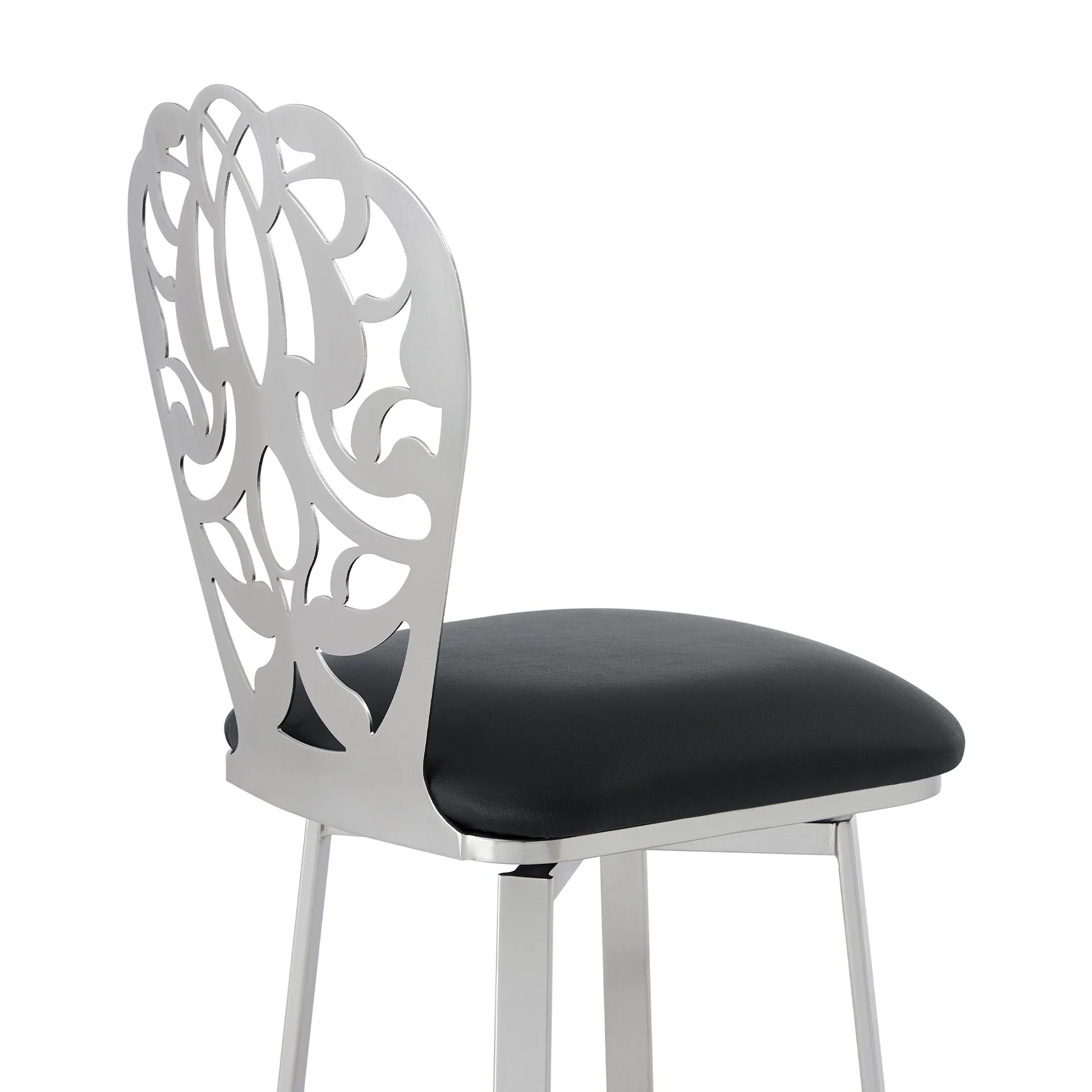 Cherie Contemporary 26" Counter Height Barstool in Brushed Stainless Steel Finish and Black Faux Leather - Image 5