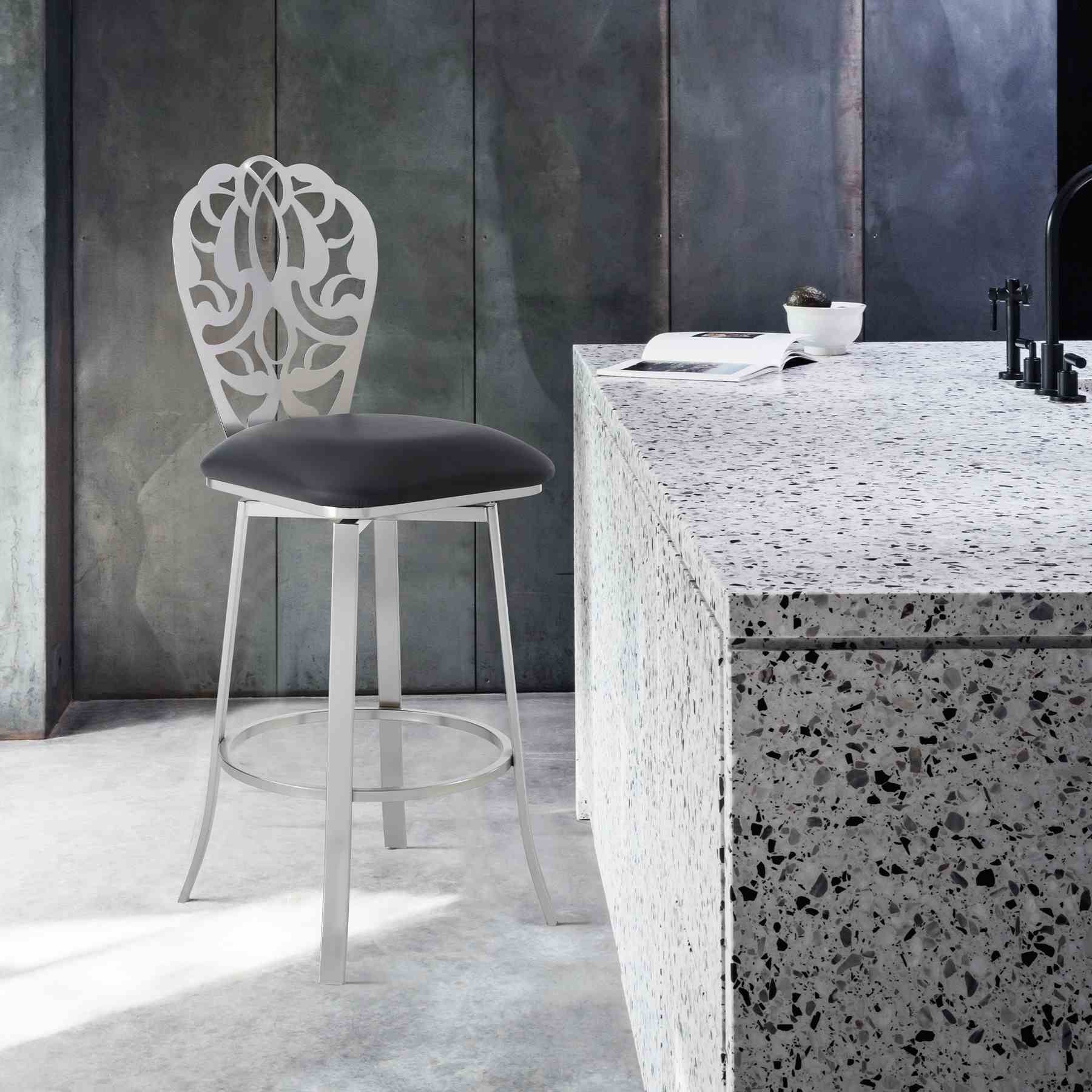 Cherie Contemporary 26" Counter Height Barstool in Brushed Stainless Steel Finish and Black Faux Leather - Image 7