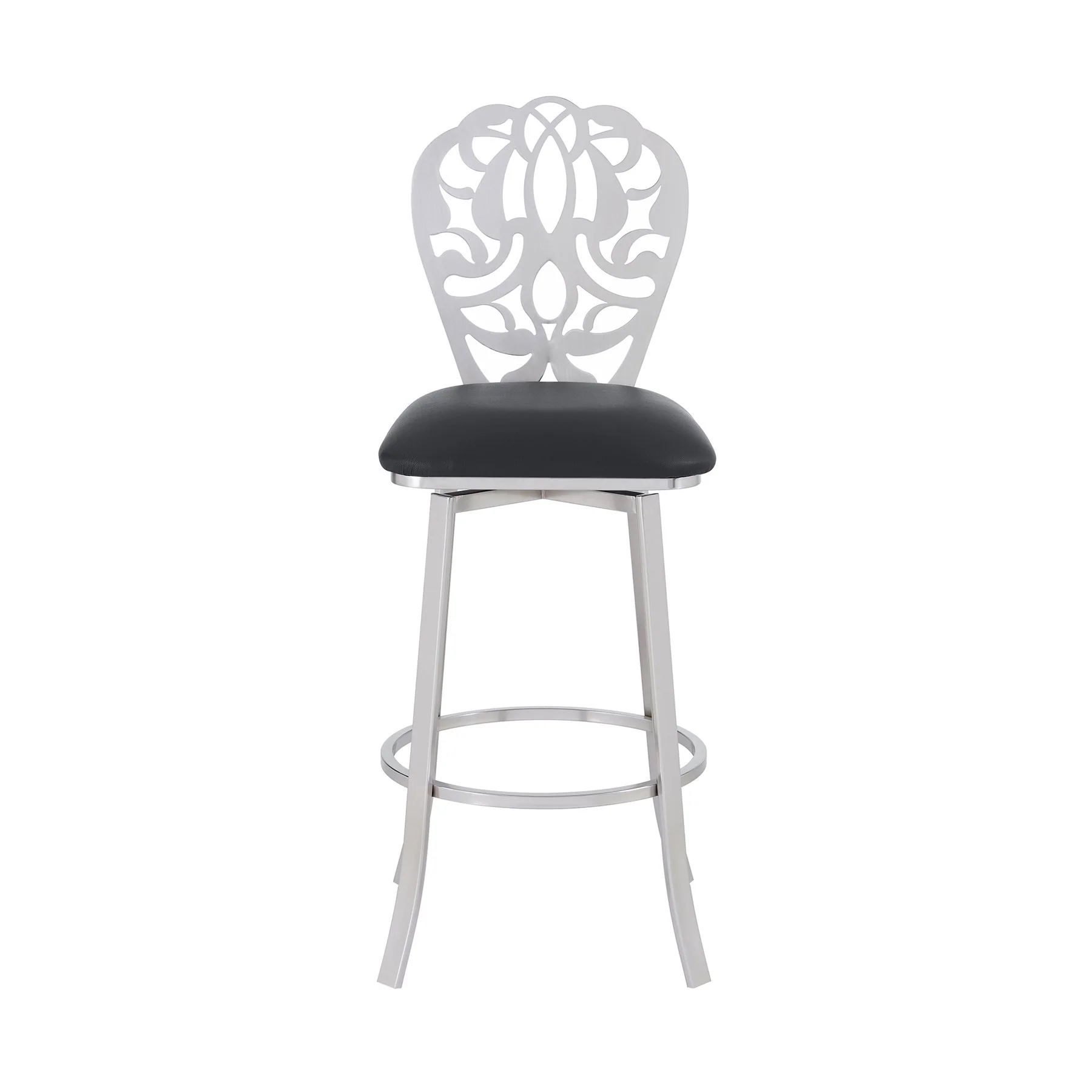 Cherie Contemporary 30" Bar Height Barstool in Brushed Stainless Steel Finish and Black Faux Leather - Image 2