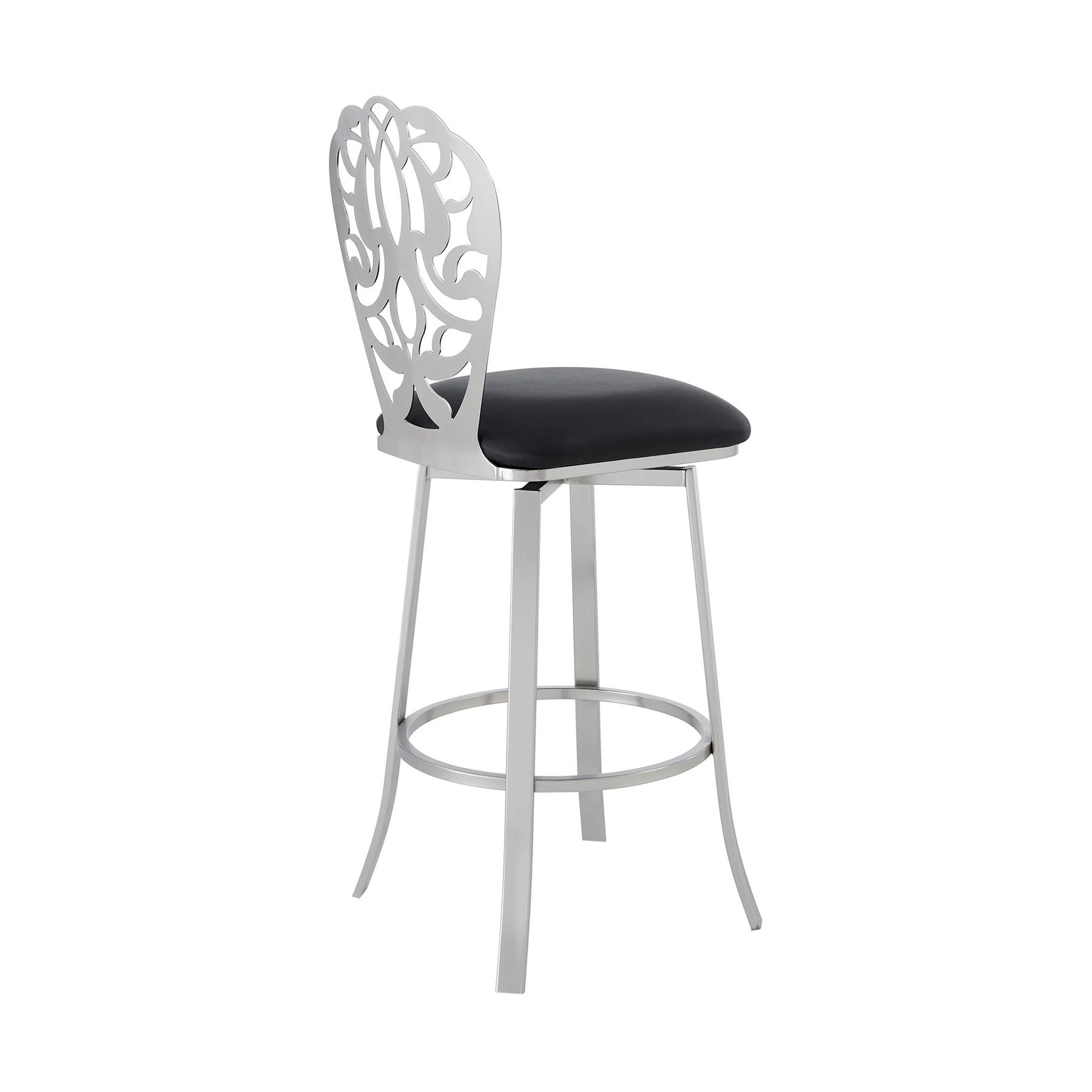 Cherie Contemporary 30" Bar Height Barstool in Brushed Stainless Steel Finish and Black Faux Leather - Image 3