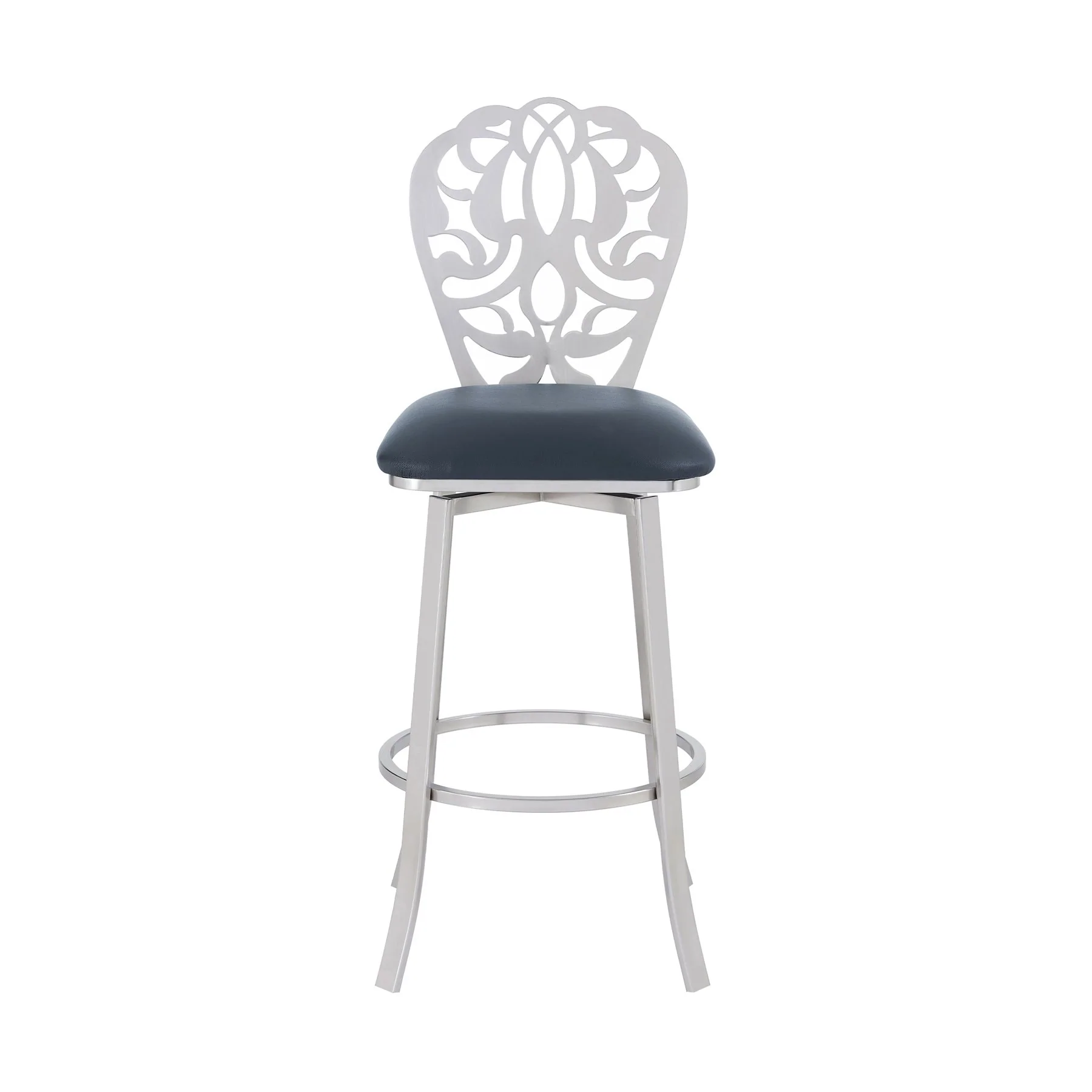 Cherie Contemporary 30" Bar Height Barstool in Brushed Stainless Steel Finish and Gray Faux Leather - Image 2