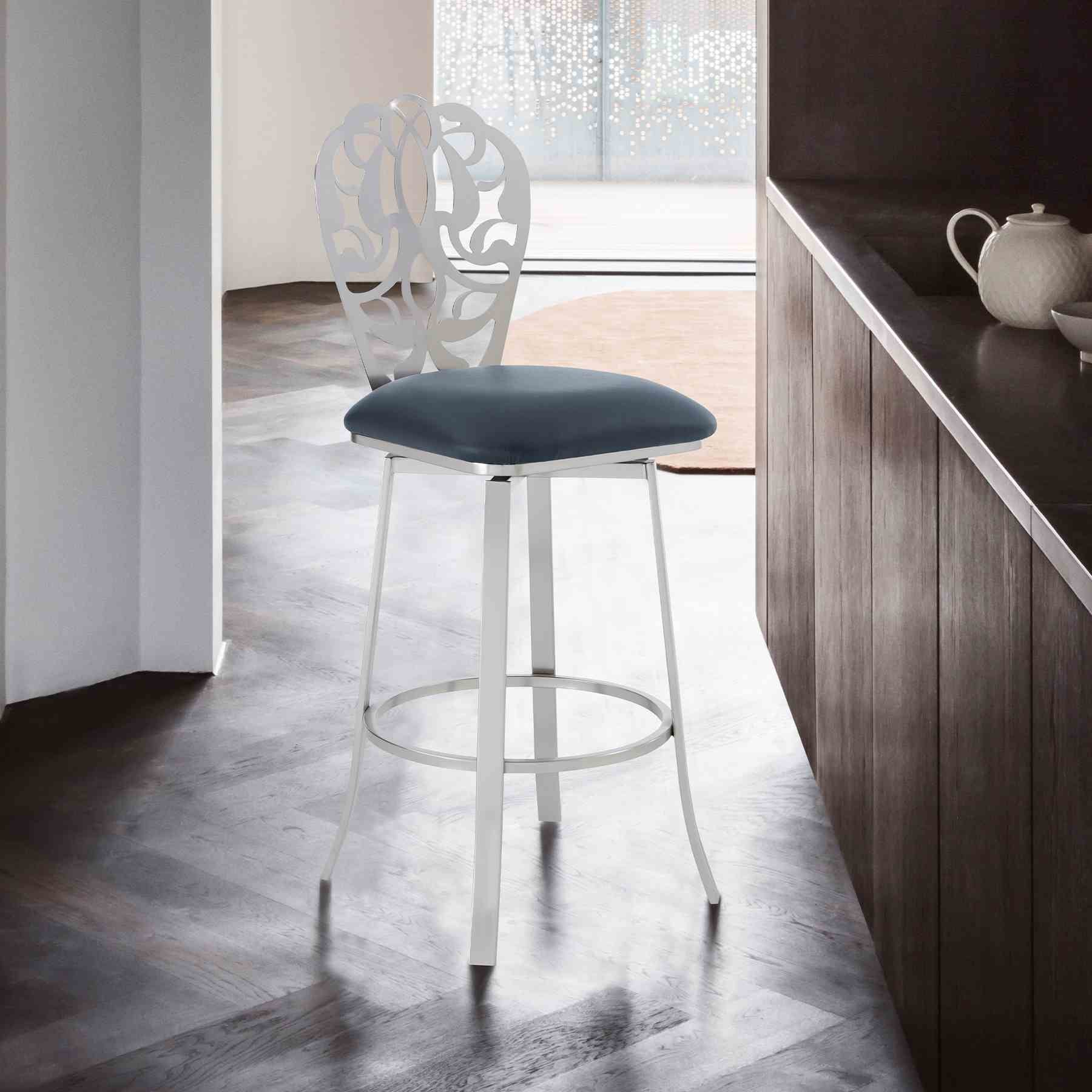Cherie Contemporary 30" Bar Height Barstool in Brushed Stainless Steel Finish and Gray Faux Leather - Image 7