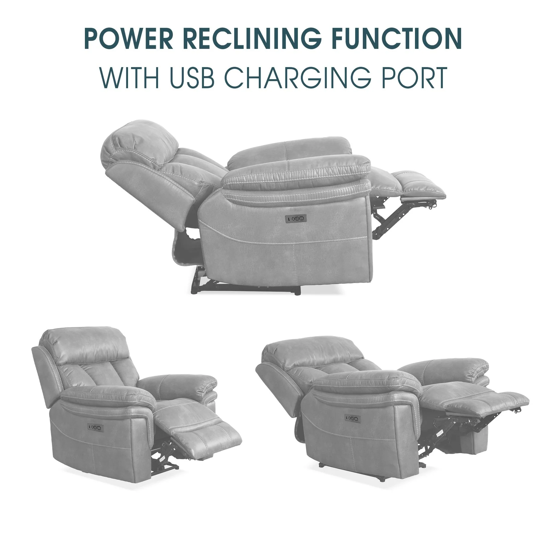Claude Dual Power Headrest and Lumbar Support Recliner Chair in Light Gray Genuine Leather - Image 8
