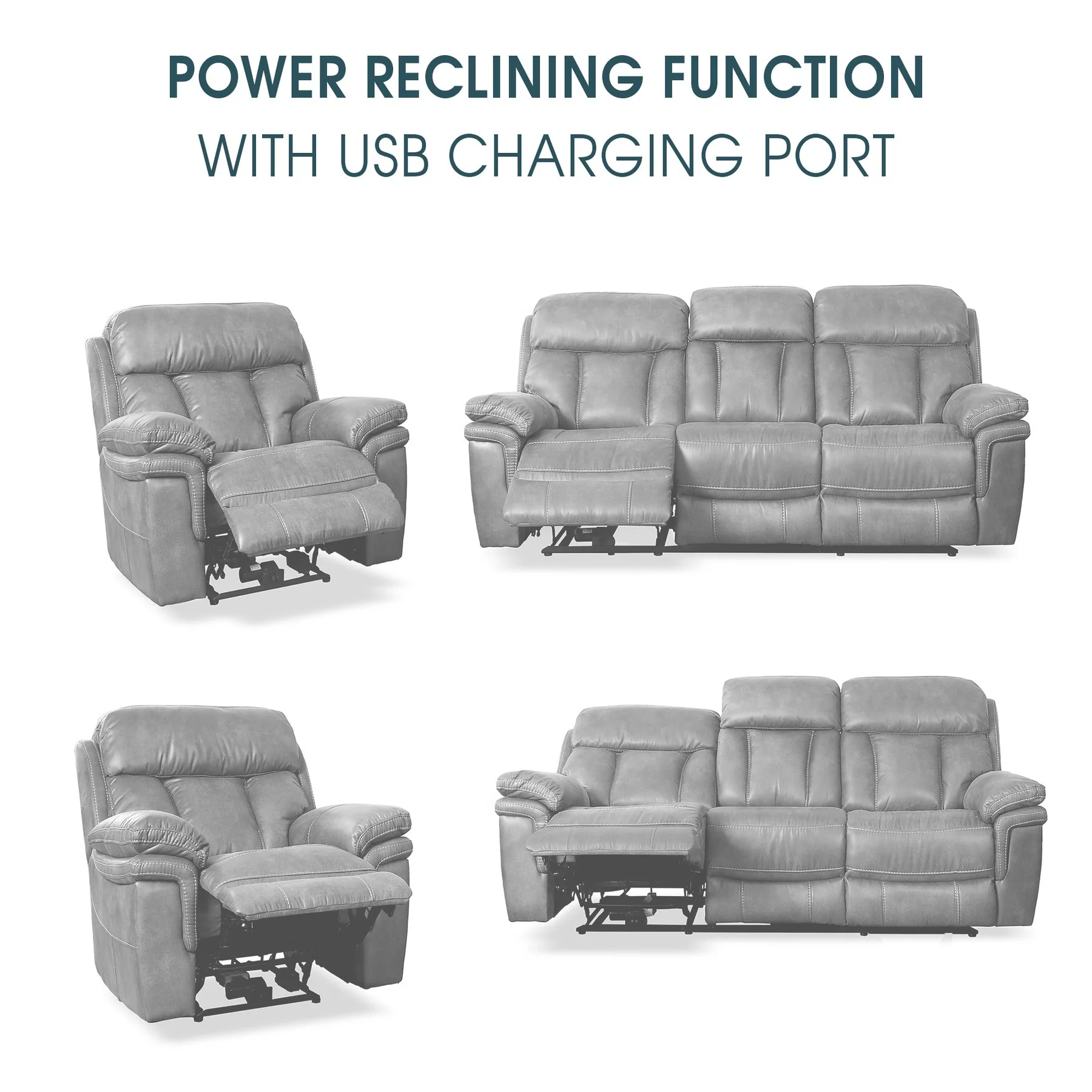 Claude Dual Power Headrest and Lumbar Support Reclining 2 Piece Sofa and Recliner Set in Light Gray Genuine Leather - Image 10