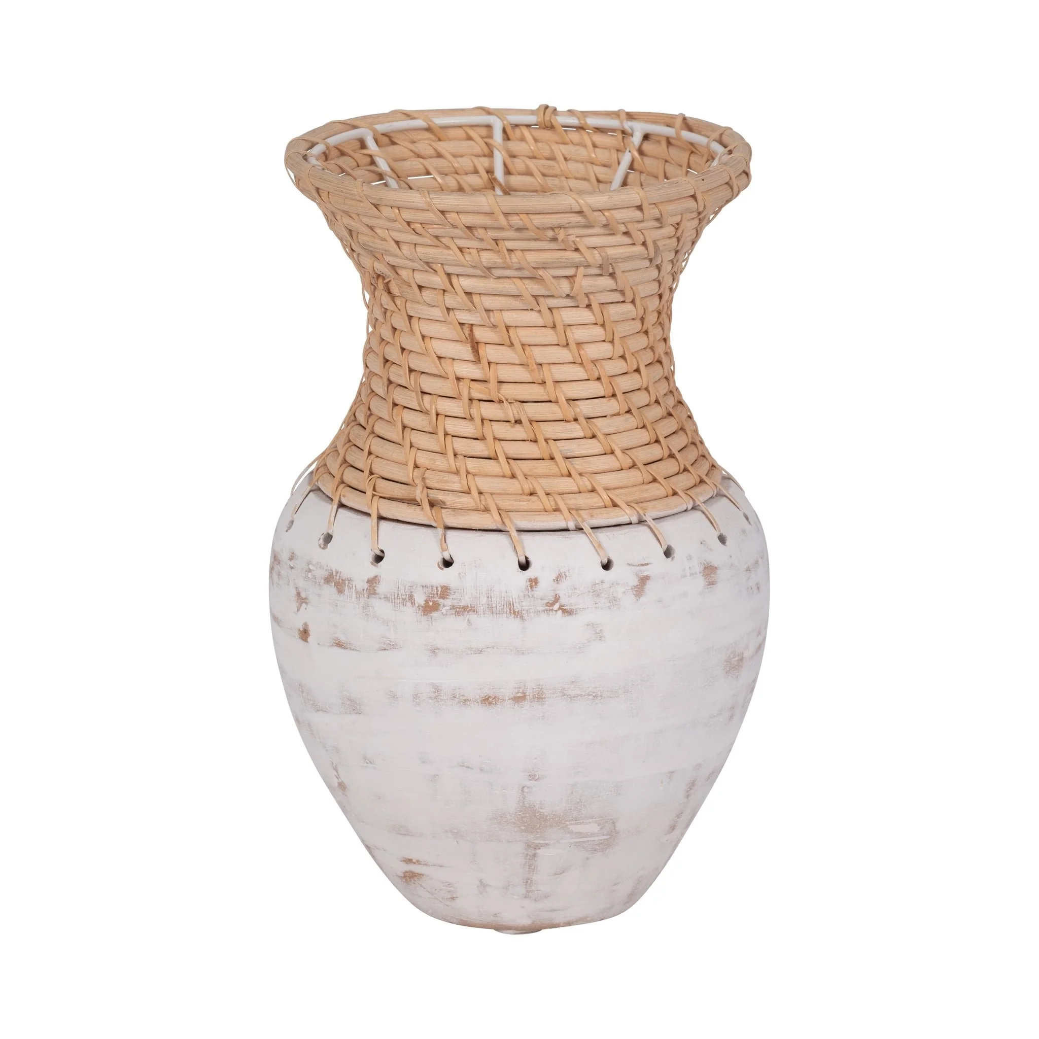 Clay, 11" Vase With Woven Top, White/natural