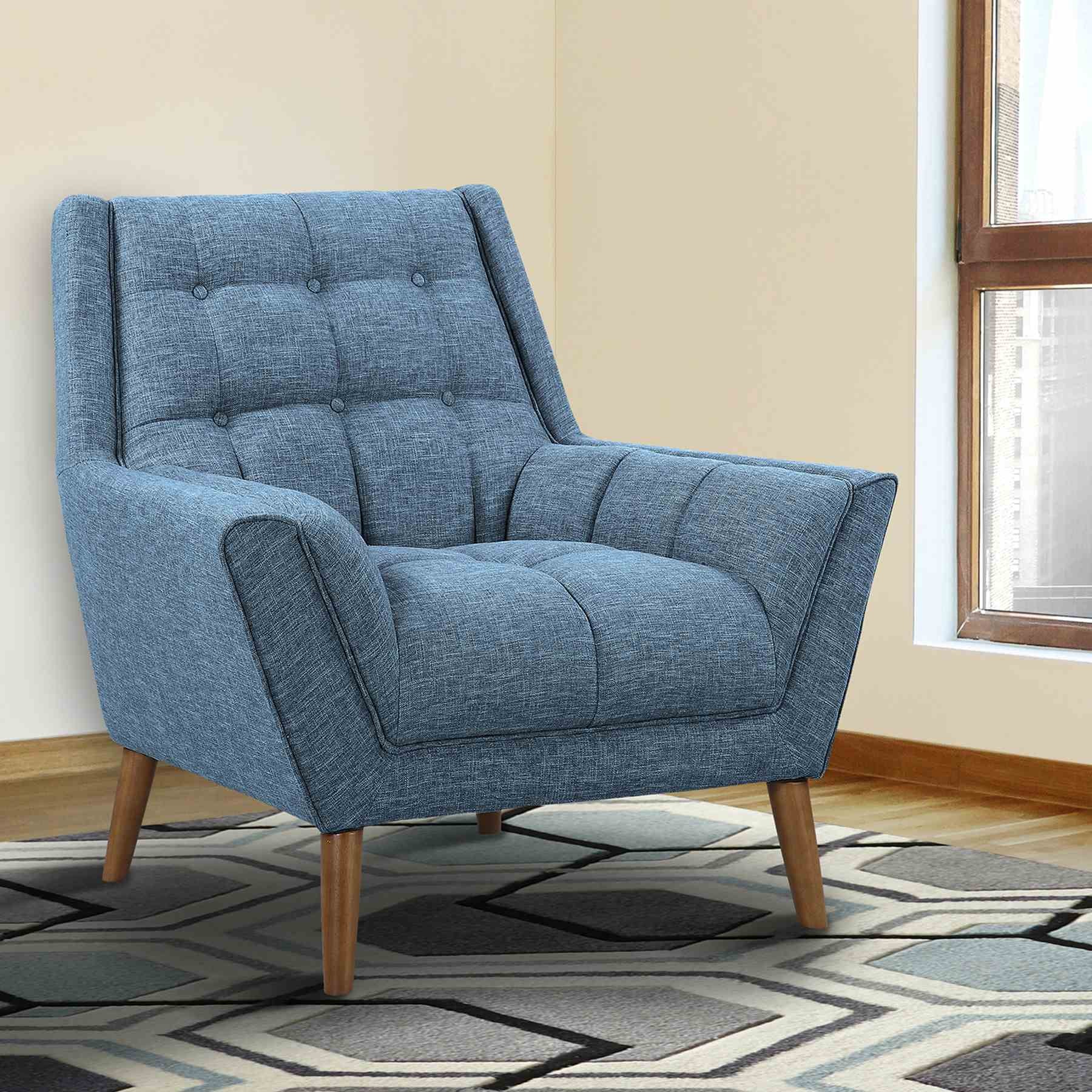 Cobra Mid-Century Modern Chair in Blue Linen and Walnut Legs - Image 6