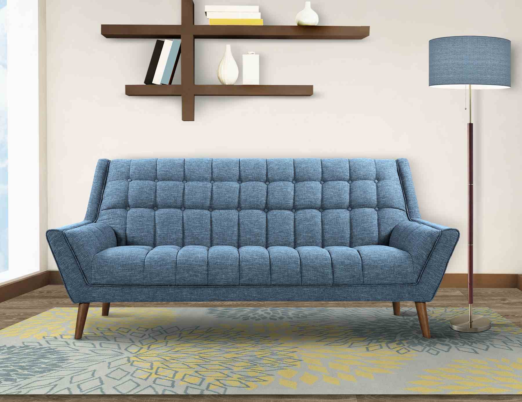 Cobra Mid-Century Modern Sofa in Blue Linen and Walnut Legs - Image 6