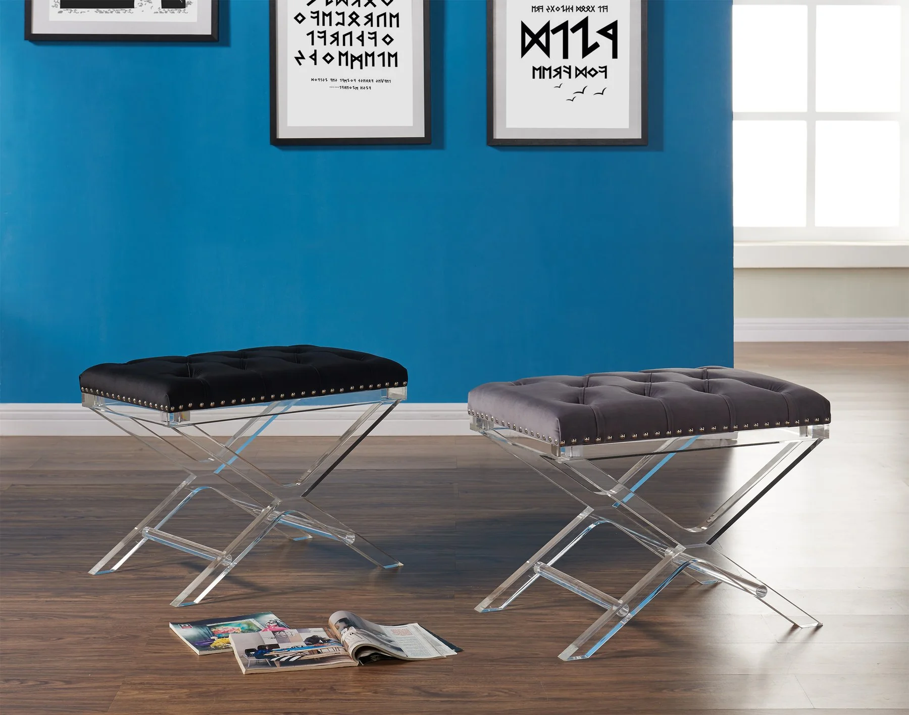 Cody Modern and Contemporary Tufted Ottoman in Gray Velvet with Acrylic Legs - Image 3