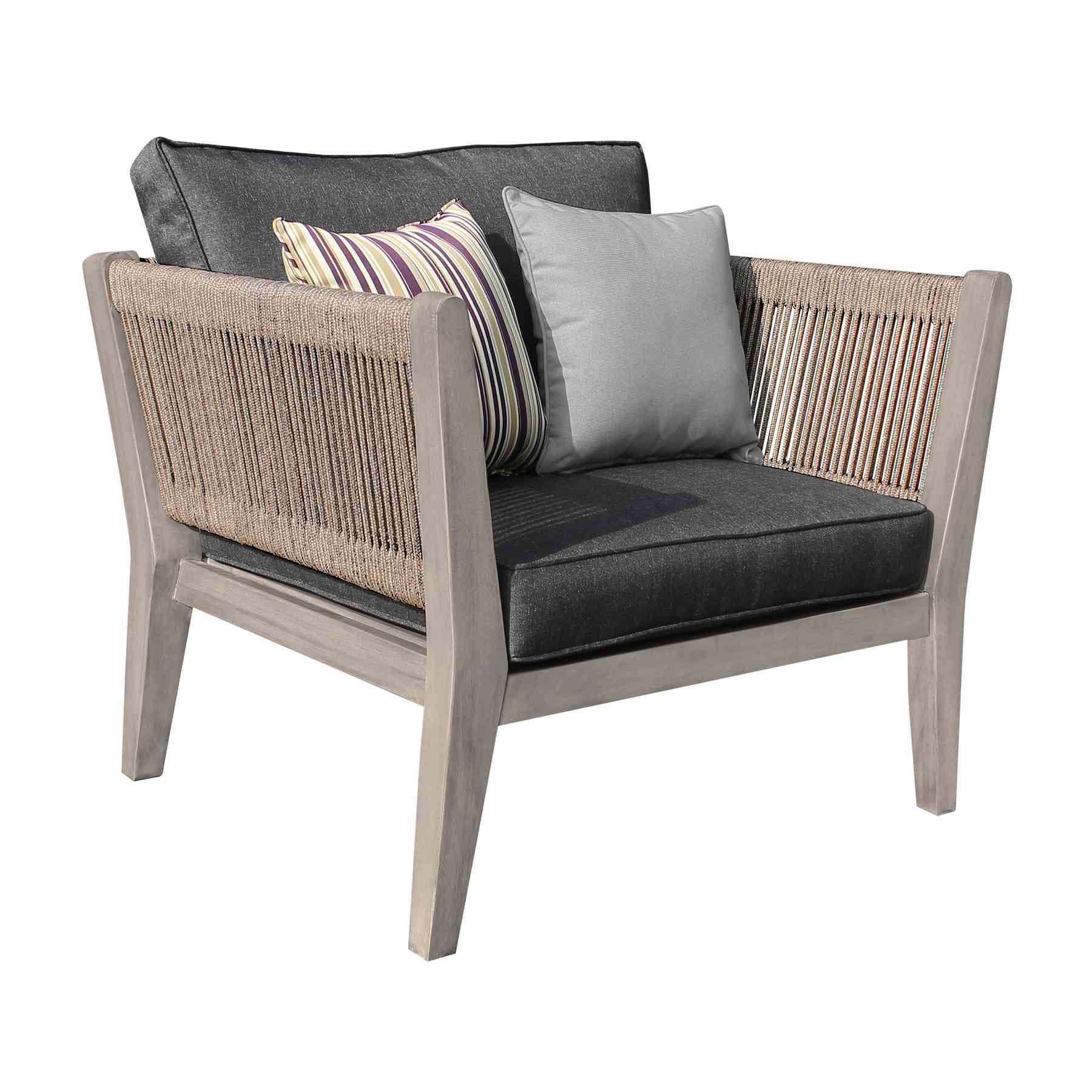 Condesa 4 Piece Outdoor Patio Furniture Set in Acacia Wood and Rope with Charcoal Cushions - Image 4