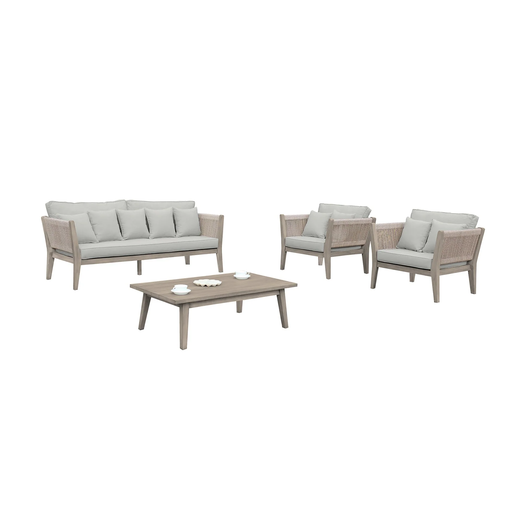 Condesa 4 Piece Outdoor Patio Furniture Set in Acacia Wood and Rope with Gray Cushions - Image 2