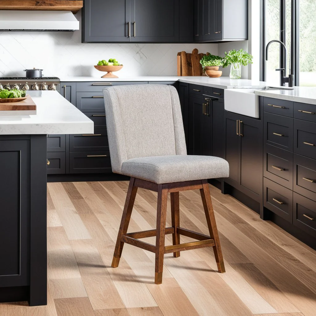 Constantine Swivel Counter Stool in Brown Oak Wood Finish with Taupe Fabric - Image 10