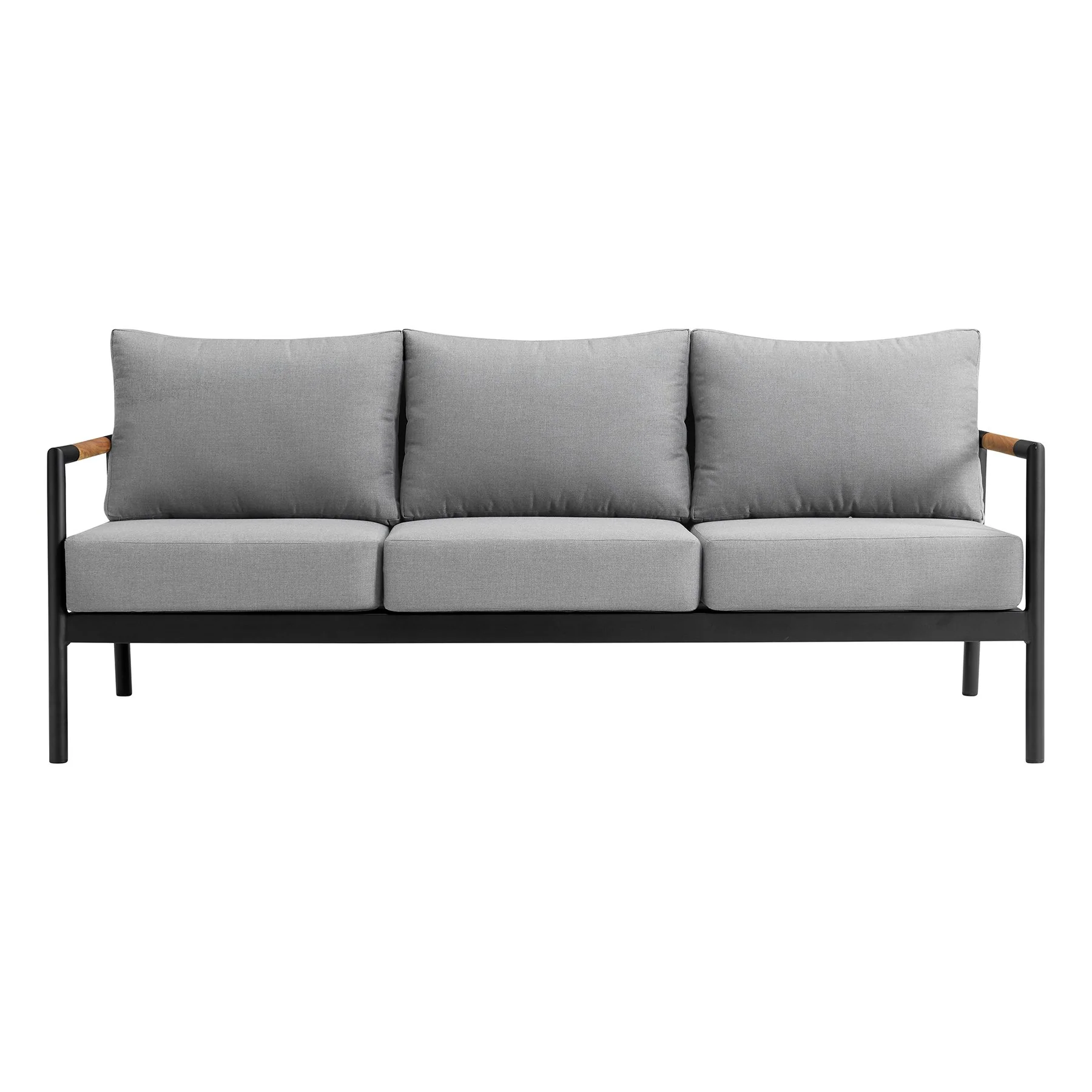 Crown 4 Piece Black Aluminum and Teak Outdoor Seating Set with Dark Gray Cushions - Image 2