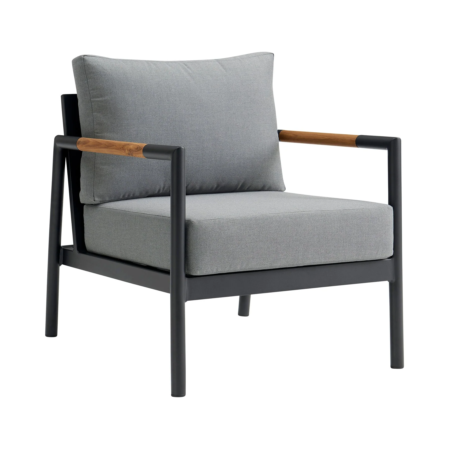 Crown 4 Piece Black Aluminum and Teak Outdoor Seating Set with Dark Gray Cushions - Image 4