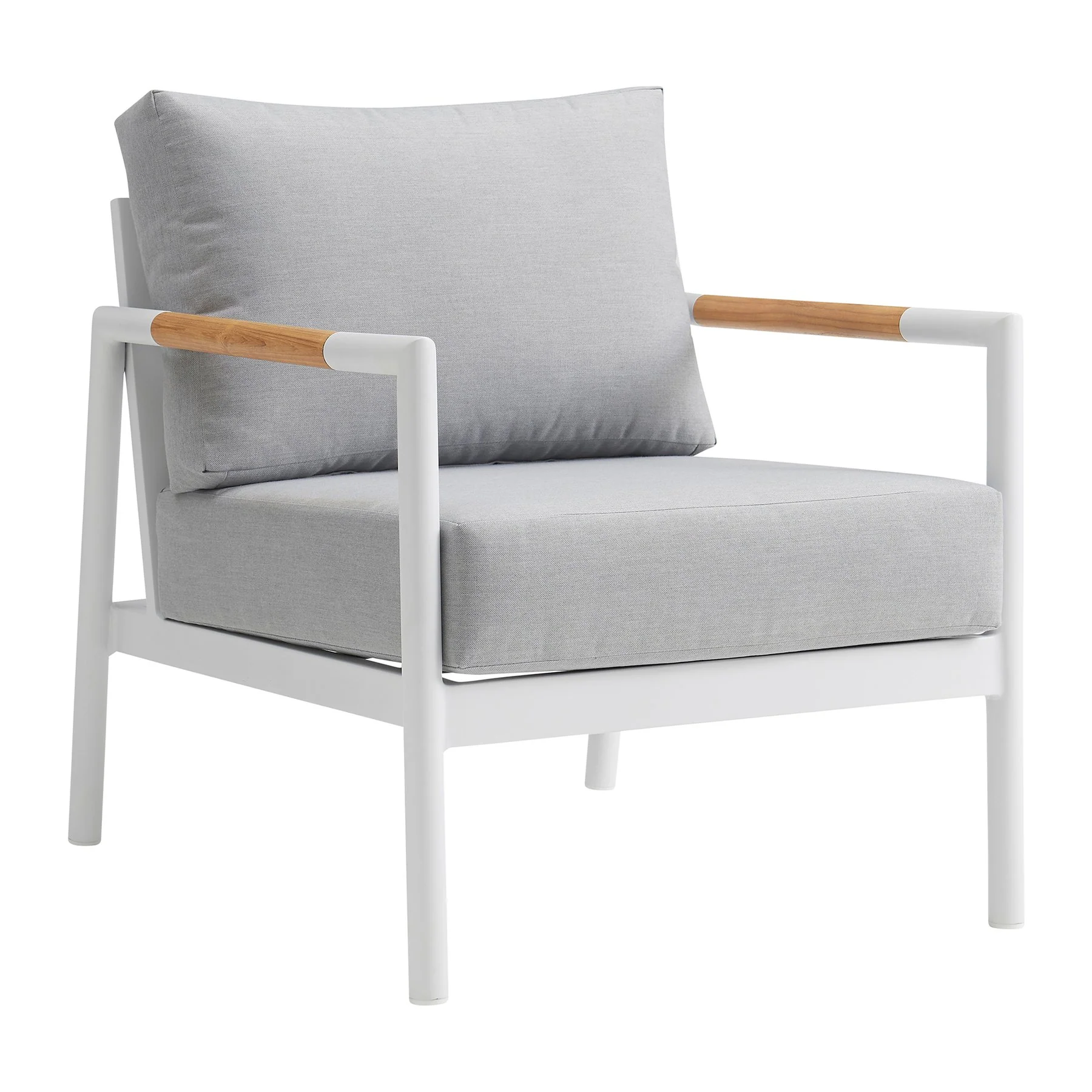 Crown 4 Piece White Aluminum and Teak Outdoor Seating Set with Light Gray Cushions - Image 4