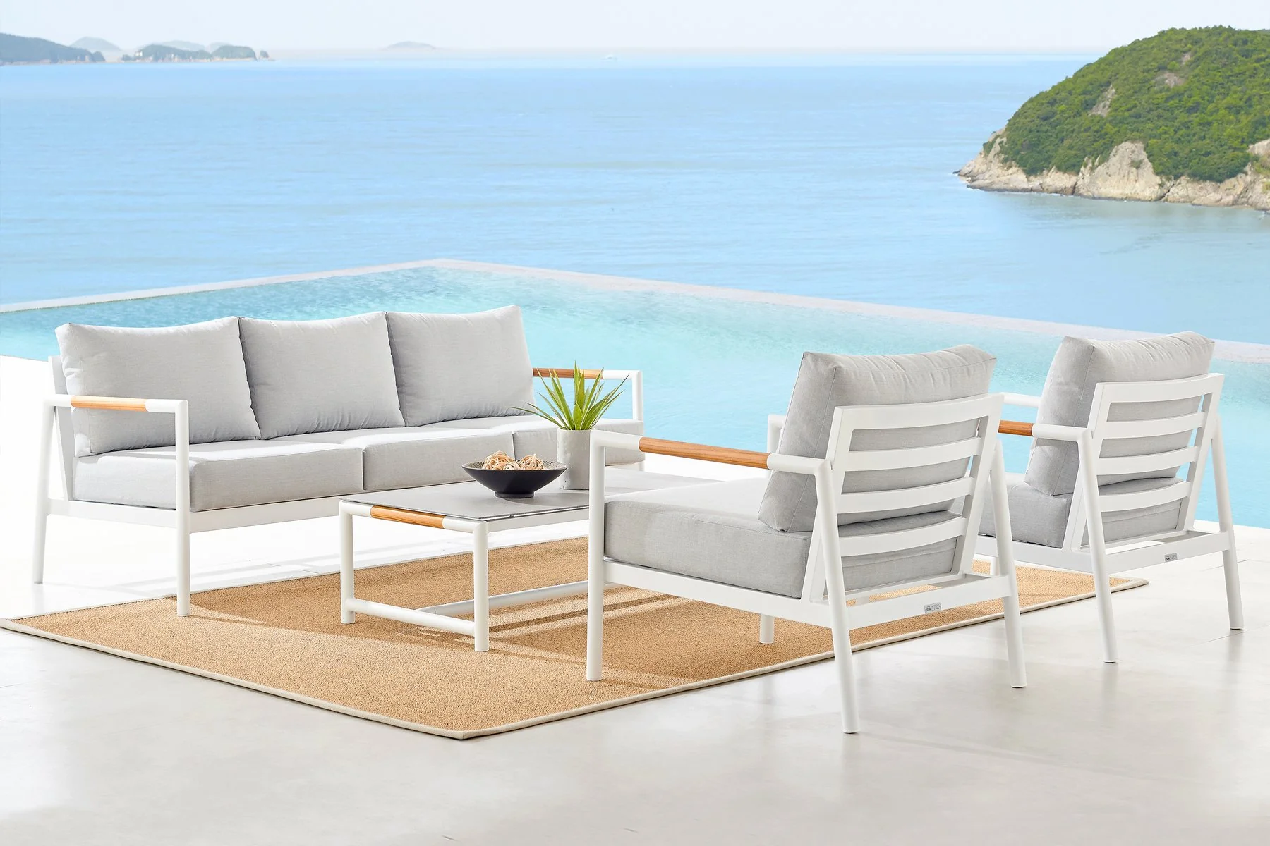 Crown 4 Piece White Aluminum and Teak Outdoor Seating Set with Light Gray Cushions - Image 8
